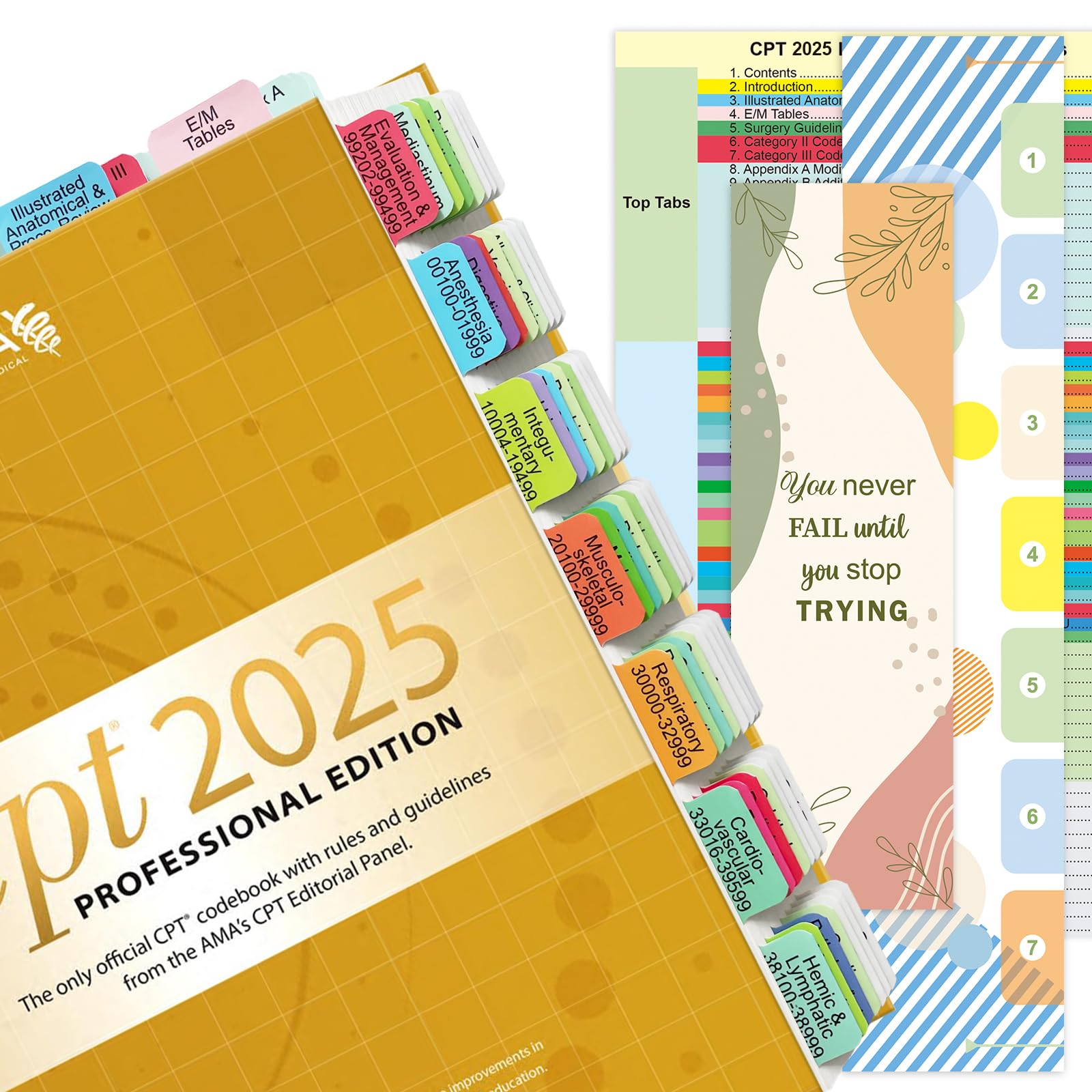 Improved Index Tabs for CPT 2025 Professional Edition, Color-Coded & Laminated CPT Tabs, 90 Printed Tabs with Blank Ones, Alignment Guide and Page