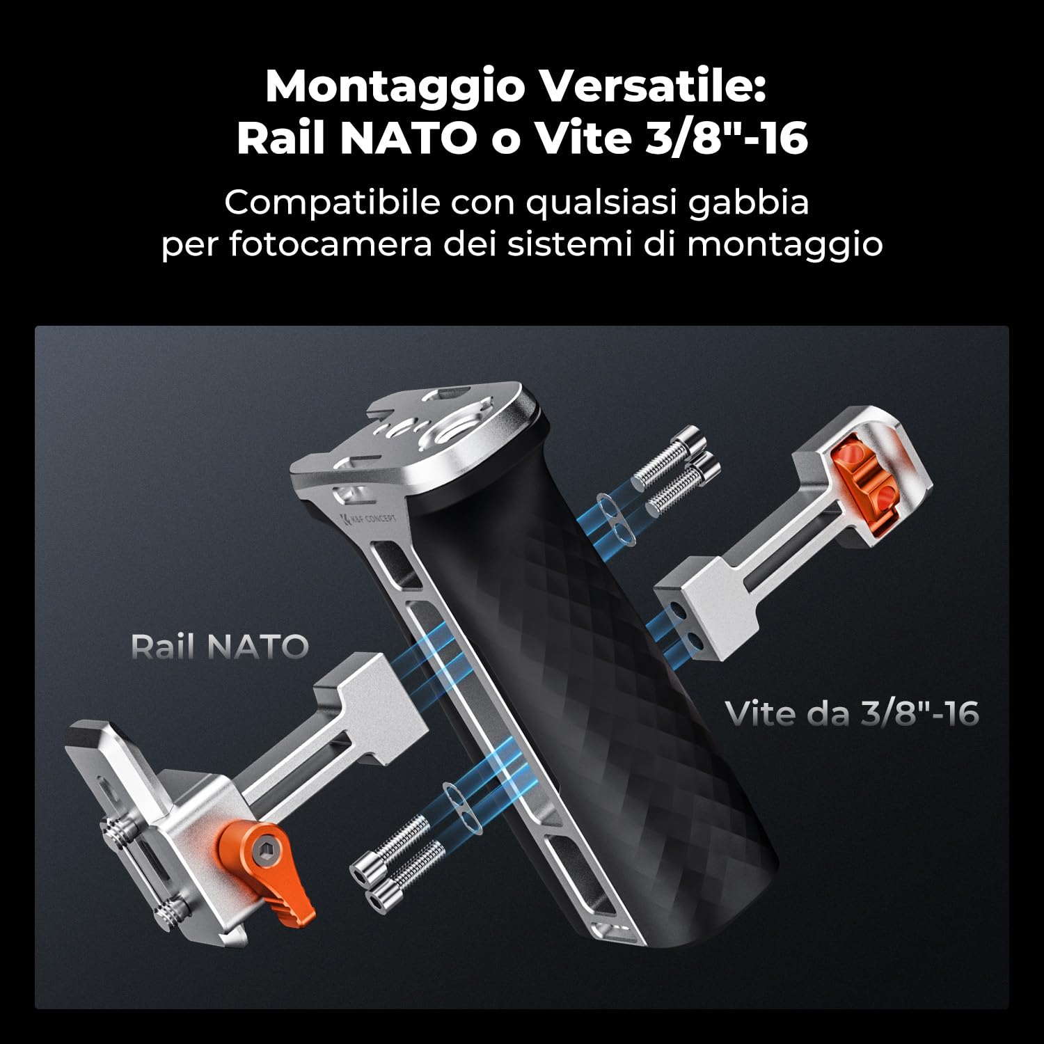 K&F CONCEPT Maniglia Laterale NATO per Gabbie per Fotocamera, Side Handle Ergonomica Universale Regolazione Su/Giù da 40MM con Interfacce Coldshoe Filettatura da 1/4" 3/8"