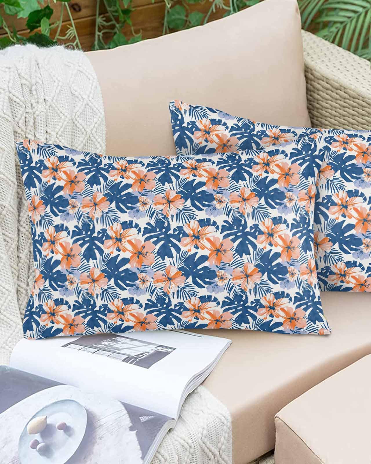 Boanket Lumbar Pillow Covers 12 x 20 in, Blue Orange Botanical Waterproof Throw Pillow Cover Set of 2, Tropical Plants Summer Flowers Home Decorative Rectangle Cushion Covers for Patio/Couch/Garden