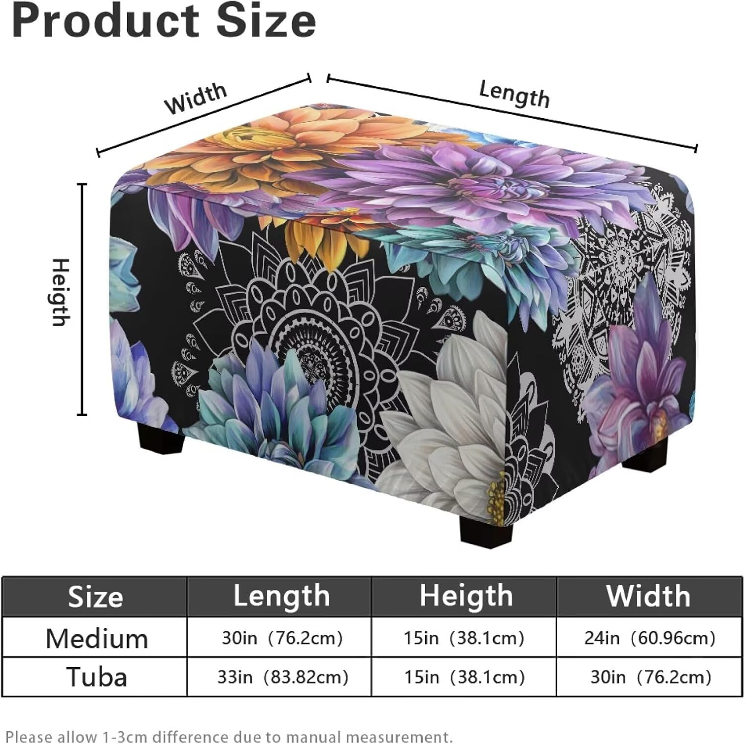 Purple Floral Stretch Ottoman Slipcover Waterproof Rectangular Footrest Protector for Indoor/Outdoor Use, Elastic Furniture Cover Fits Most Chairs & Poufs, Home Decor Aesthetic