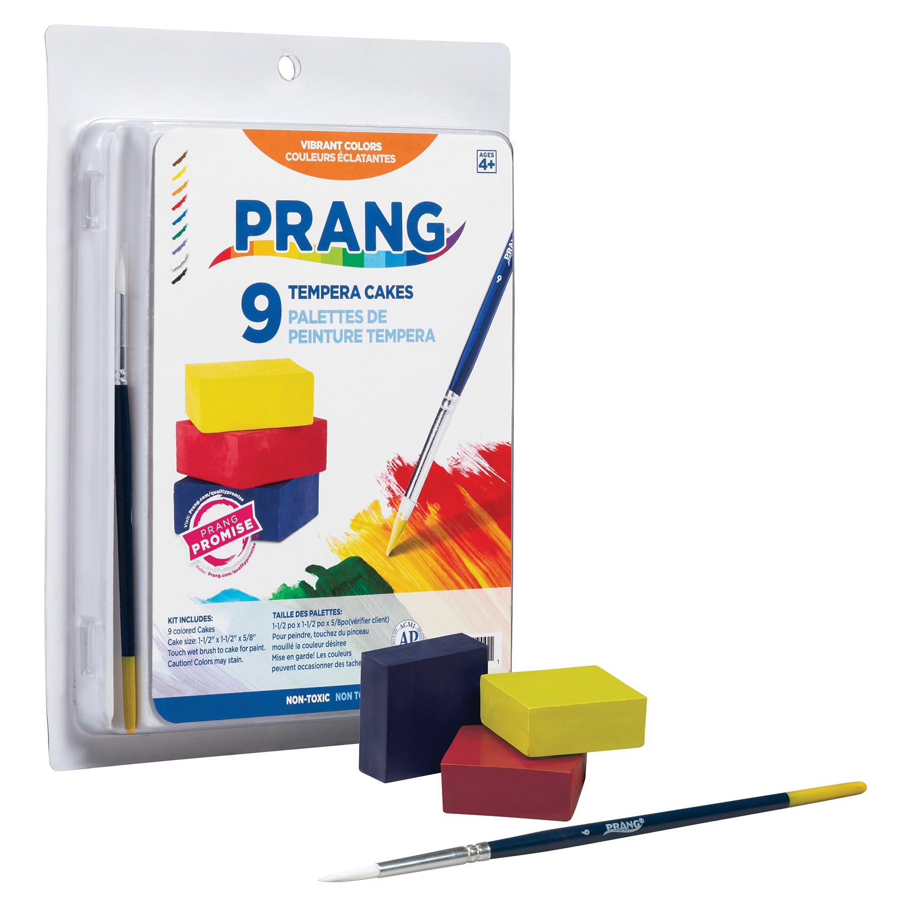 Prang Klassische Tempera-Kuchen, Set mit 9 Farben und Pinsel, verschiedene Farben (80900)