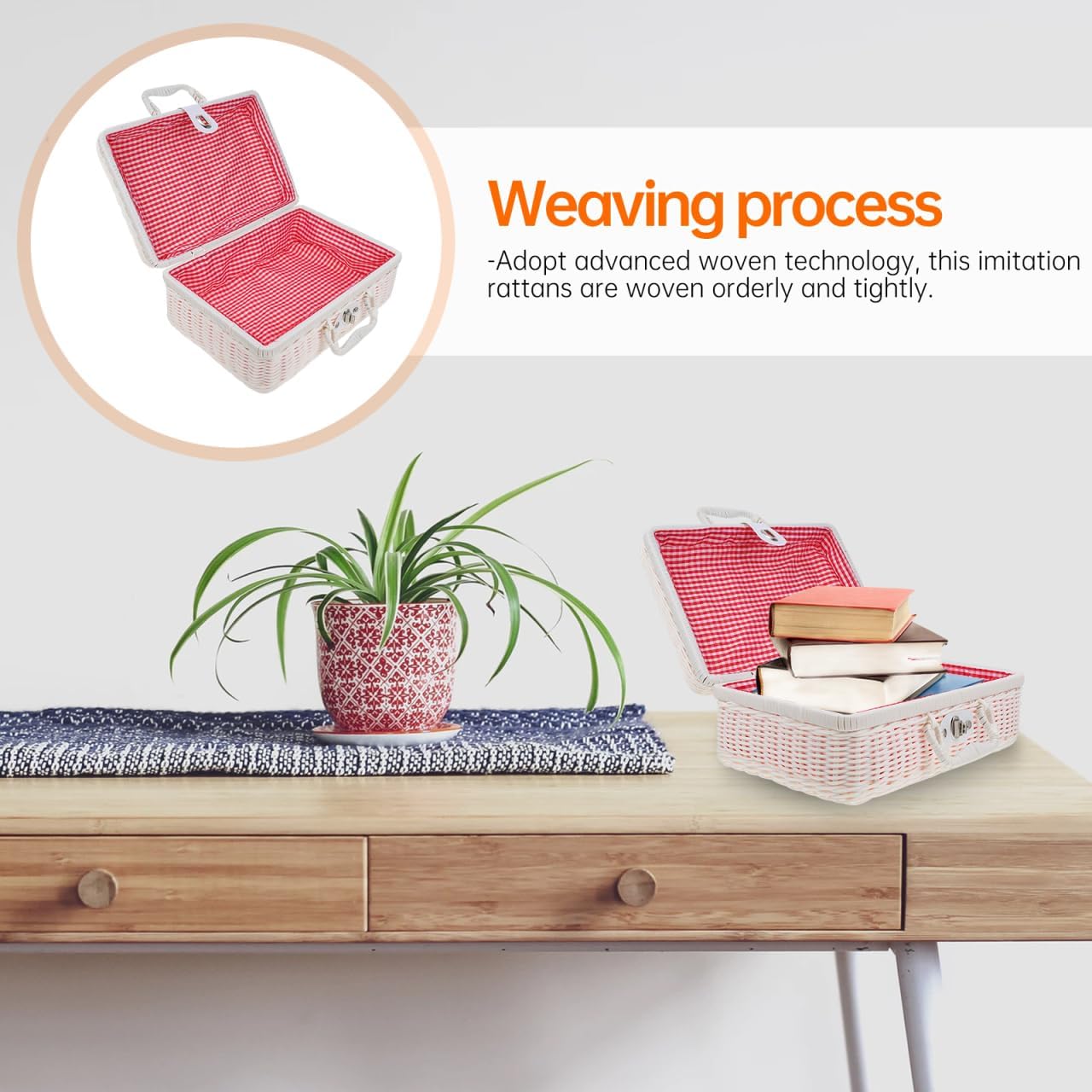 DOITOOL Handwoven Rattan Suitcase with Liner and Lock 11.8X8.3X4.7 Inch Vintage Style Storage Box for Picnic and Home Organization - Image 3