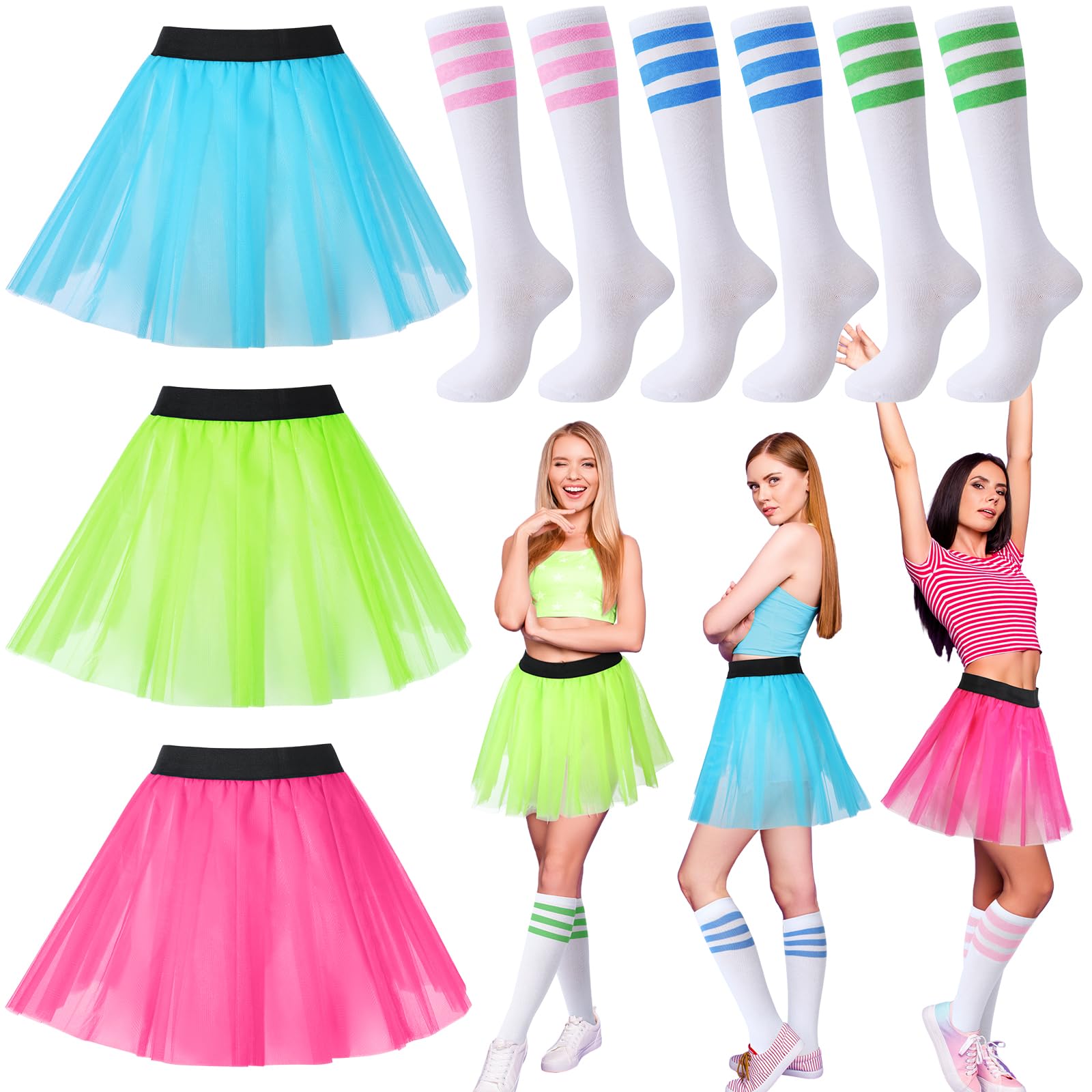 Lasnten 6 piezas de disfraz de Halloween, 3 faldas tutú para mujeres adultas, faldas tutú coloridas y 3 pares de calcetines a rayas hasta la rodilla para Halloween, cosplay, fiesta de baile