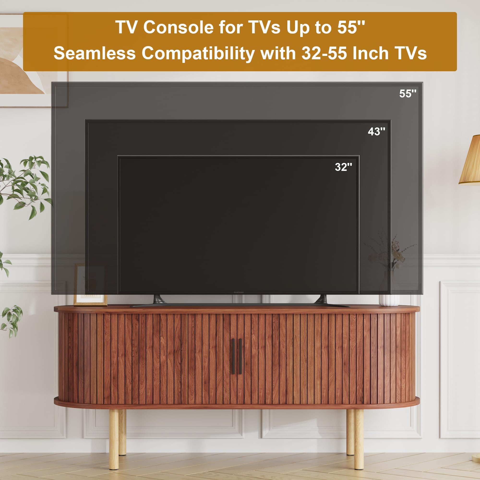 Garvee Mobile Porta TV 120 cm (47,2") per TV fino a 80" - Console TV moderna in legno finitura noce - Ante scorrevoli, vani contenitore e ripiani regolabili - Per soggiorno/camera/ufficio - Huang