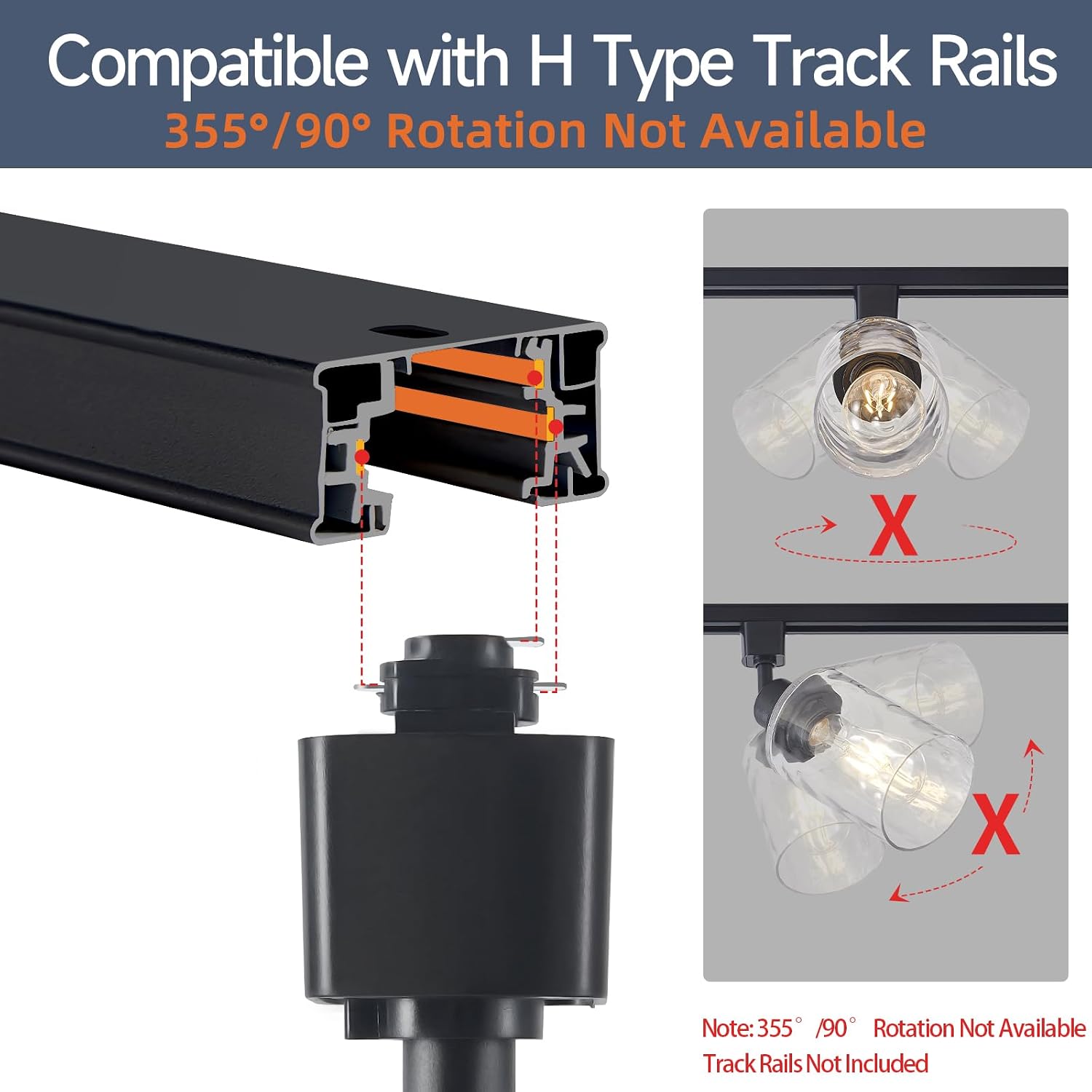 4 Pack H Track Lighting Heads - Modern Track Heads for Kitchen, E26 Track Light Fixtures with Clear Hammered/Water Ripples Glass Shade, Compatible with H-Track Rail (Black, No Bulbs)