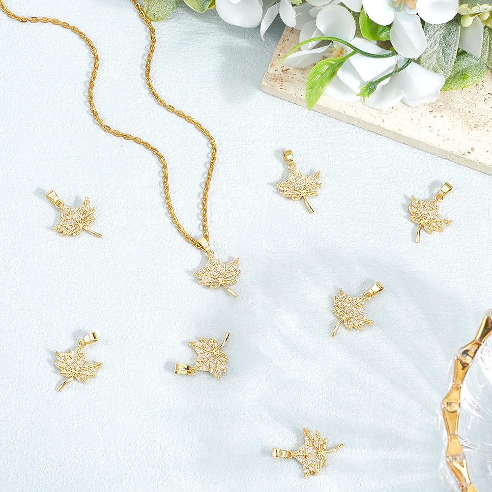 Beebeecraft 8Pcs Maple Leaf Charms 18K Gold Plated Thanksgiving Autumn Fall Leaf Charms with Cubic Zirconia and Storage Box for Jewelry Making DIY Necklace Earrings Bracelets Craft