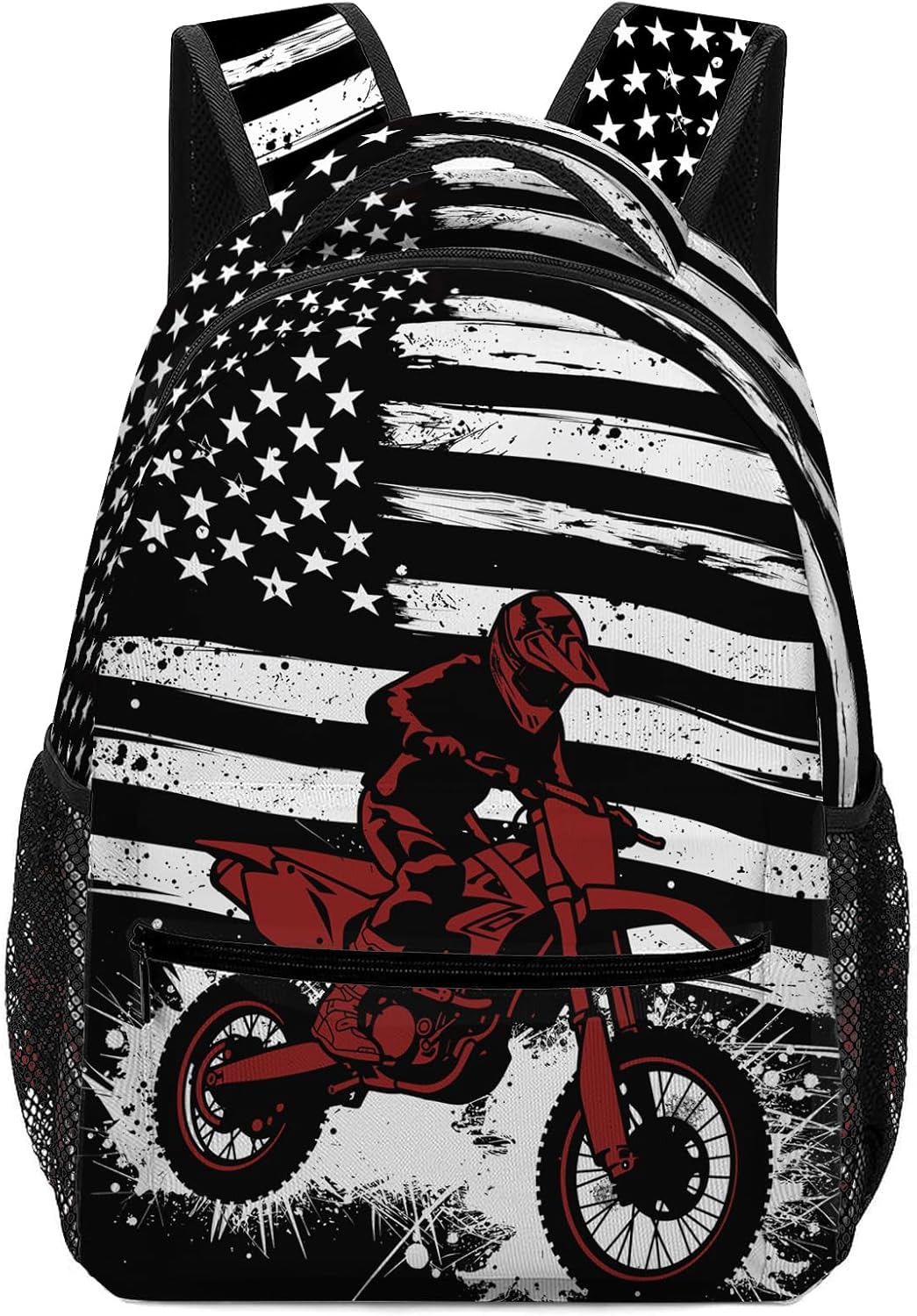 American Flag Motorcycle Backpacks for Men Women, Funny Dirt Bike Backpack for Boys Kids Teens, Black White and Red Motocross Biker School Bookbag Travel Hiking Camping Daypack Rucksack