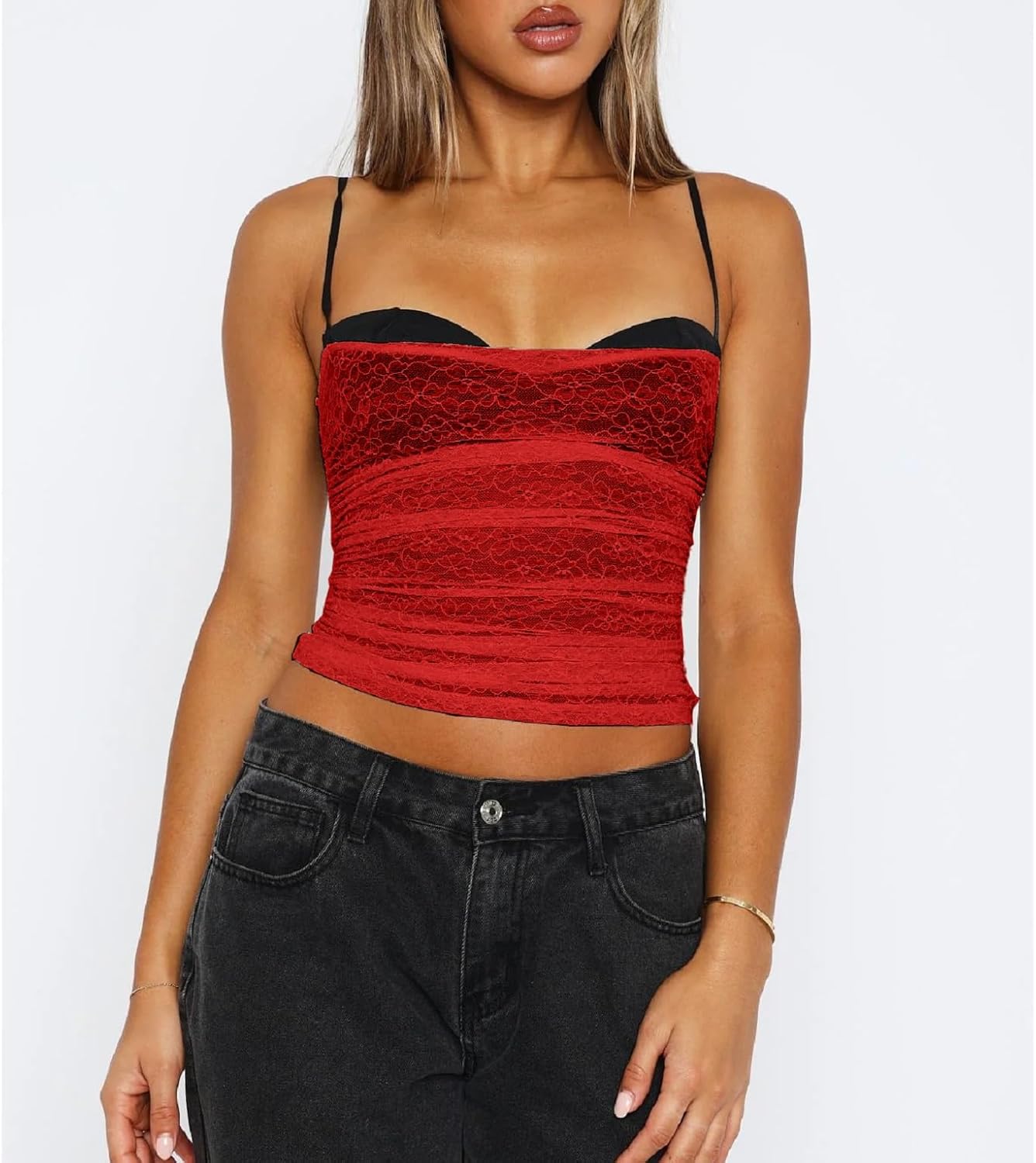 Women Lace/Leopard Patchwok Crop Tank Tops Sexy Sheer Mesh Spaghetti Strap Camisole Slim Fit Going Out Cami Tops - Image 2