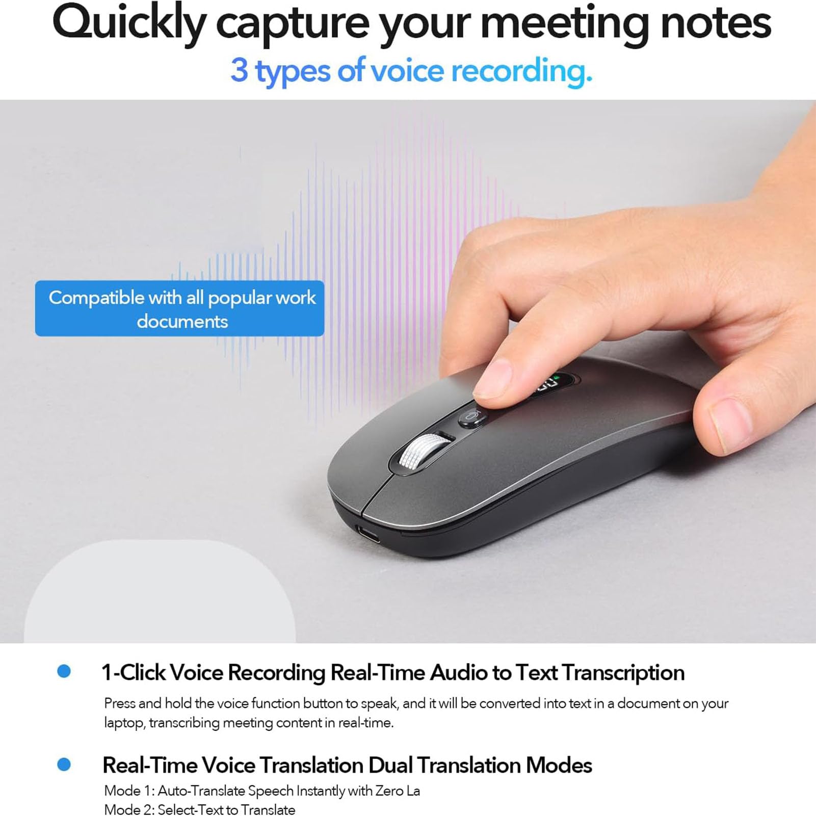 Sxhlseller AI Voice Mouse, 120 Sprachen Echtzeitübersetzer mit Spracheingabe 400 Wörter Pro Minute für Laptop Desktop Tablet, Kabelgebundenes Bluetooth 2,4 G (Black)