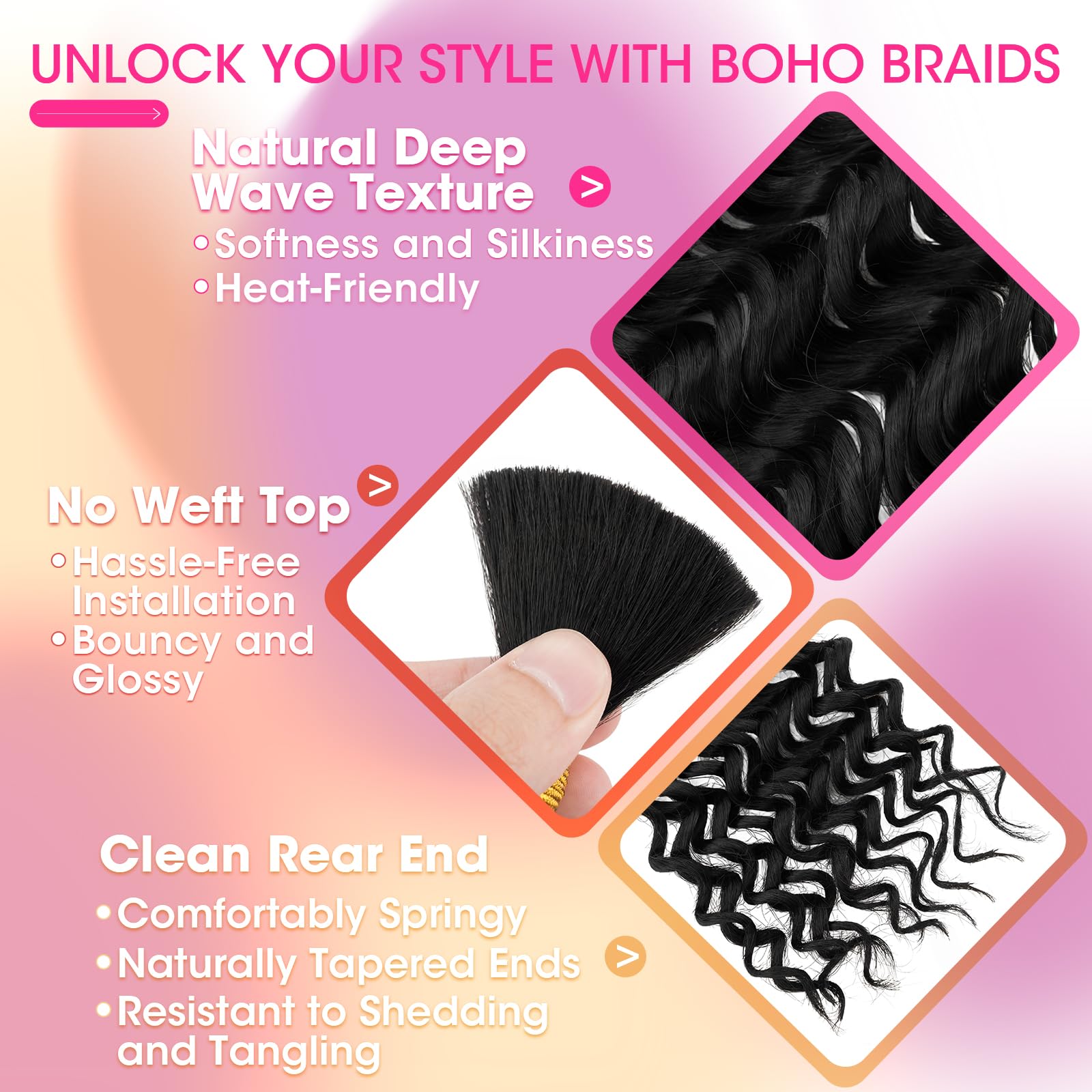 Silk-co Boho Braids Extension Capelli Veri No Weft Bulk Tessitura Matassa Ricci Deep Wave 45cm 50g/pack #1B Nero Naturale