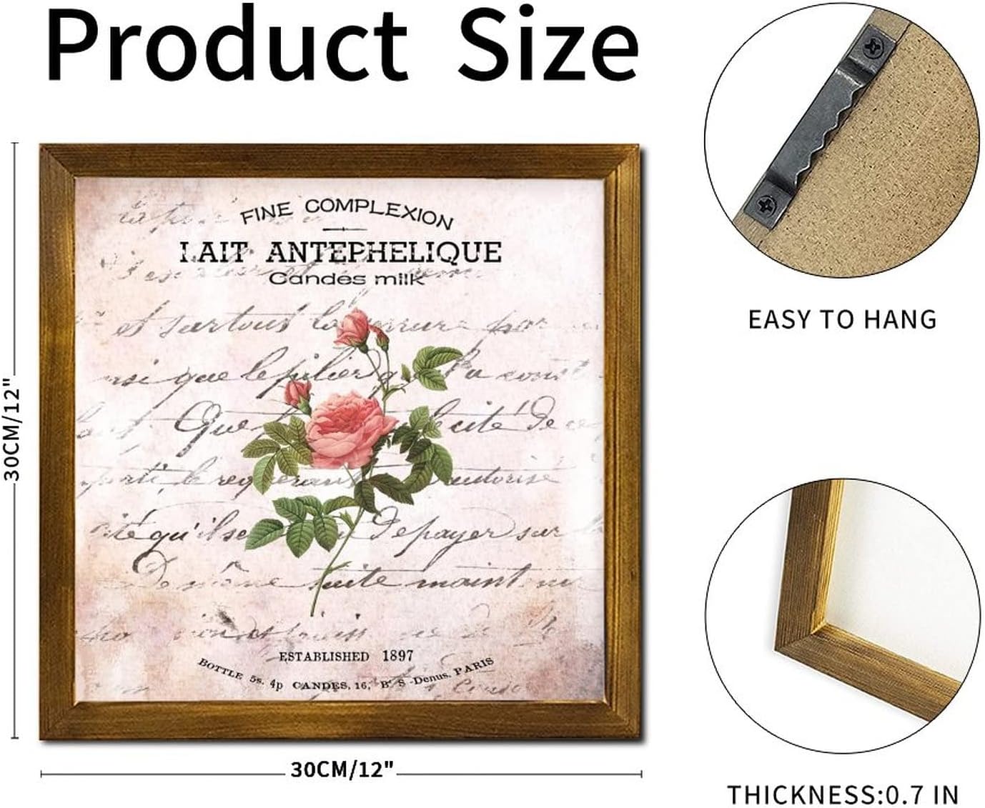 Fine Complexion Candes Framed Wooden Signs Vintage French Rose Flower Positive Wall Plaque Farmhouse Blossom Floral Wood Wall Hanging Decor for Kitchen Living Room Bedroom Home 12x12 inch