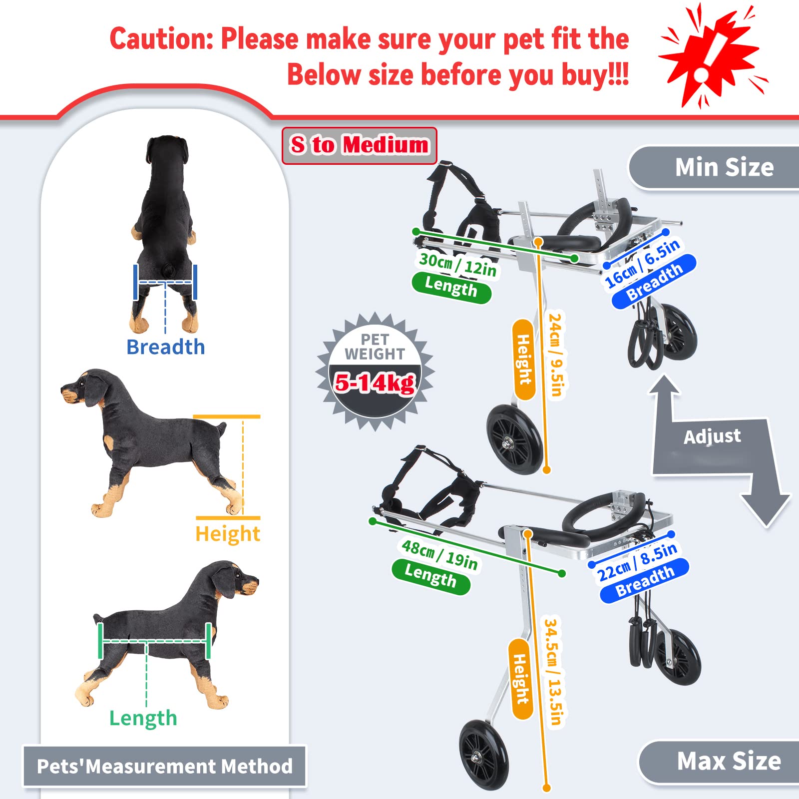 Sedia a rotelle regolabile a 2 ruote per cani e gatti media, telaio in acciaio inox per riabilitazione zampe posteriori, supporto animali anziani e disabili