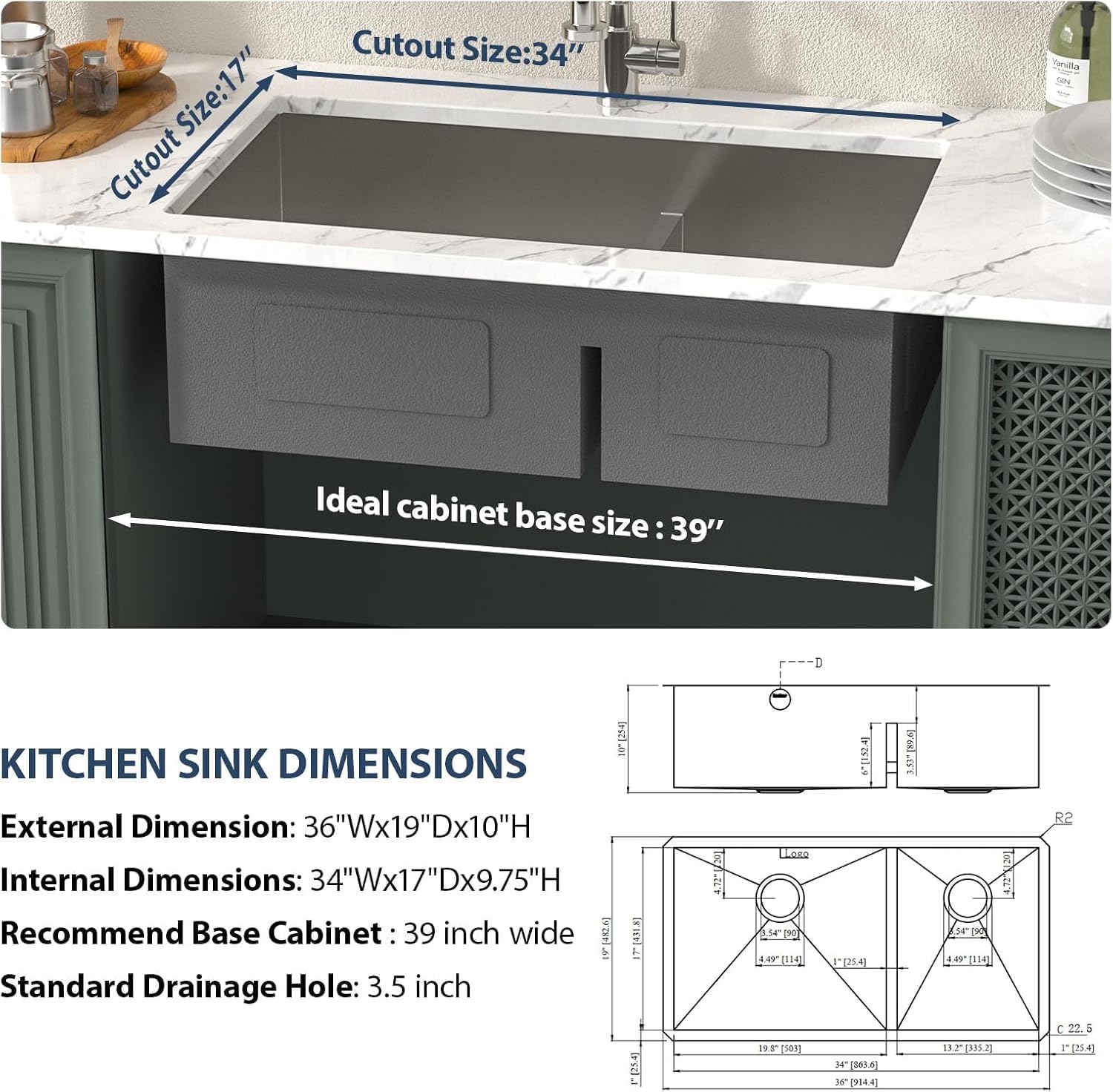 Lordear 36 Kitchen Sink Stainless Steel Undermount Sink Double Bowl 36"x19"x10" 60/40 16 Gauge Stainless Steel Under Counter Rectangular Handmade Kitchen Sinks Basin