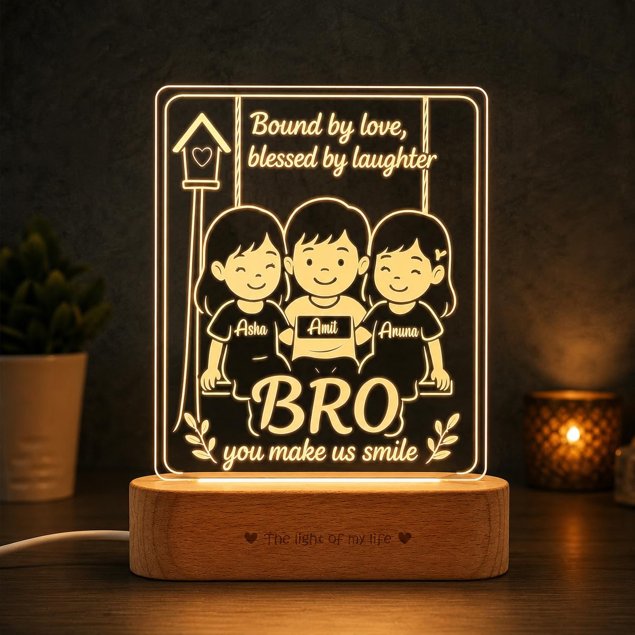 ZOCI VOCI Personalized Engraved Lamp -Rakhi Gift for Brother and Sister or Siblings | Unique Customize Gift for Rakshabandhan (Our Bro)