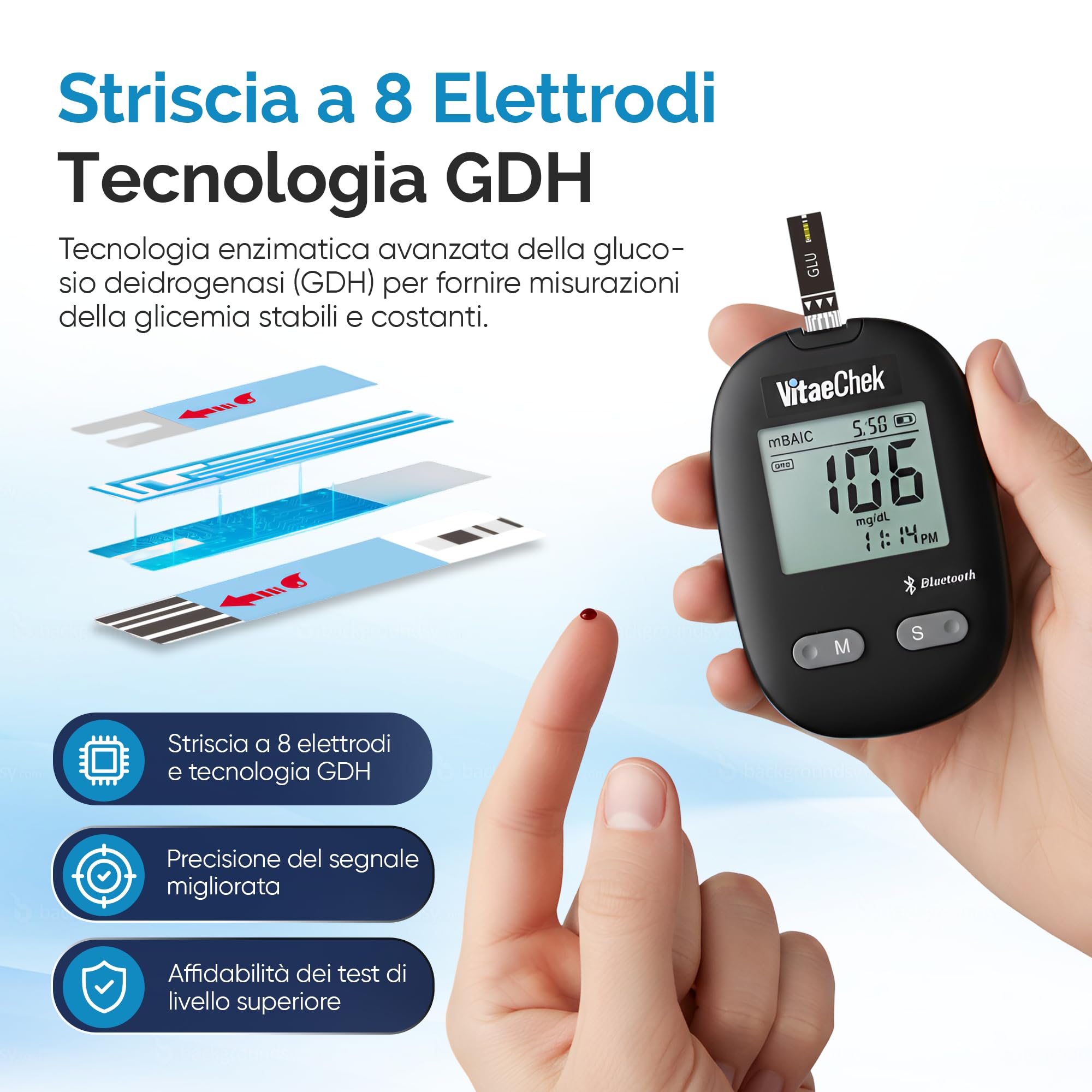 G1 Pro Glucometro Bluetooth + 50 Strisce Reattive Aggiuntive – Misuratore di Glicemia con Strisce GDH-FAD, Risultati Rapidi e Precisi, Ideale per Controllo Glicemico Quotidiano (mg/dL)
