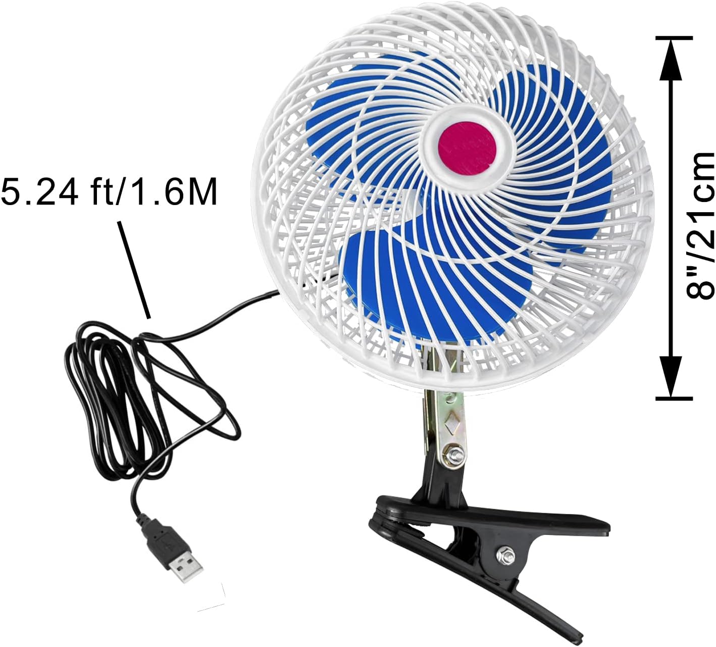USB-Powered Fan 8-Inch Fan with Clamp for Office Desk Traveling Computer Cooling Air Fan for Car - White