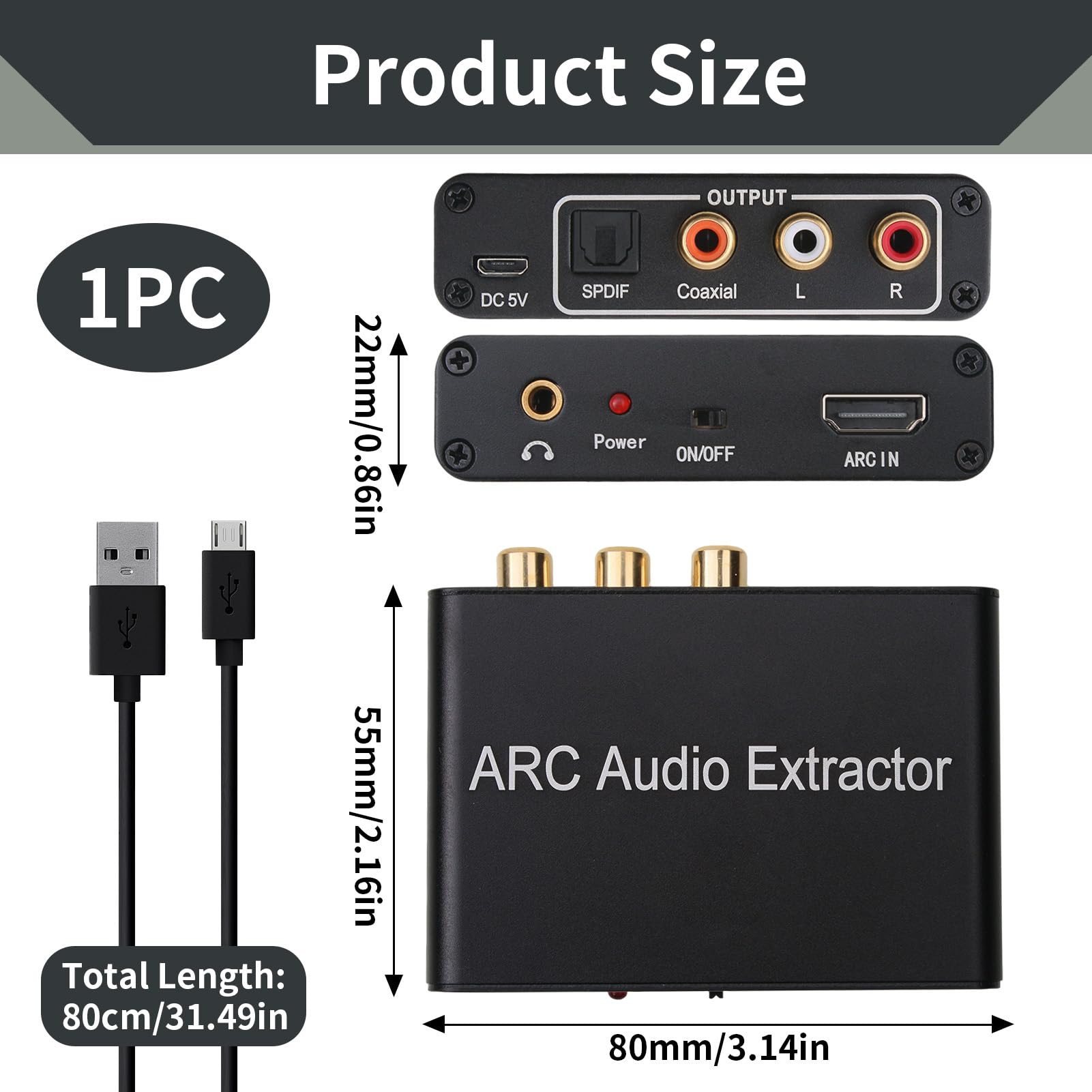 HDMI Audio Extractor 192 KHz Convertisseur DAC HDMI ARC Audio Extracteur vers Optical Toslink SPDIF Coaxial Stéréo Aux RCA L/R 3,5 mm Jack pour TV Casque Soundbar Home Cinéma