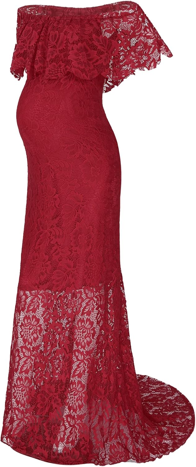 Freebily Maternity Off Shoulder Maxi Dress Floral Lace Slim Fit Ruffled Sleeve Dress for Photography