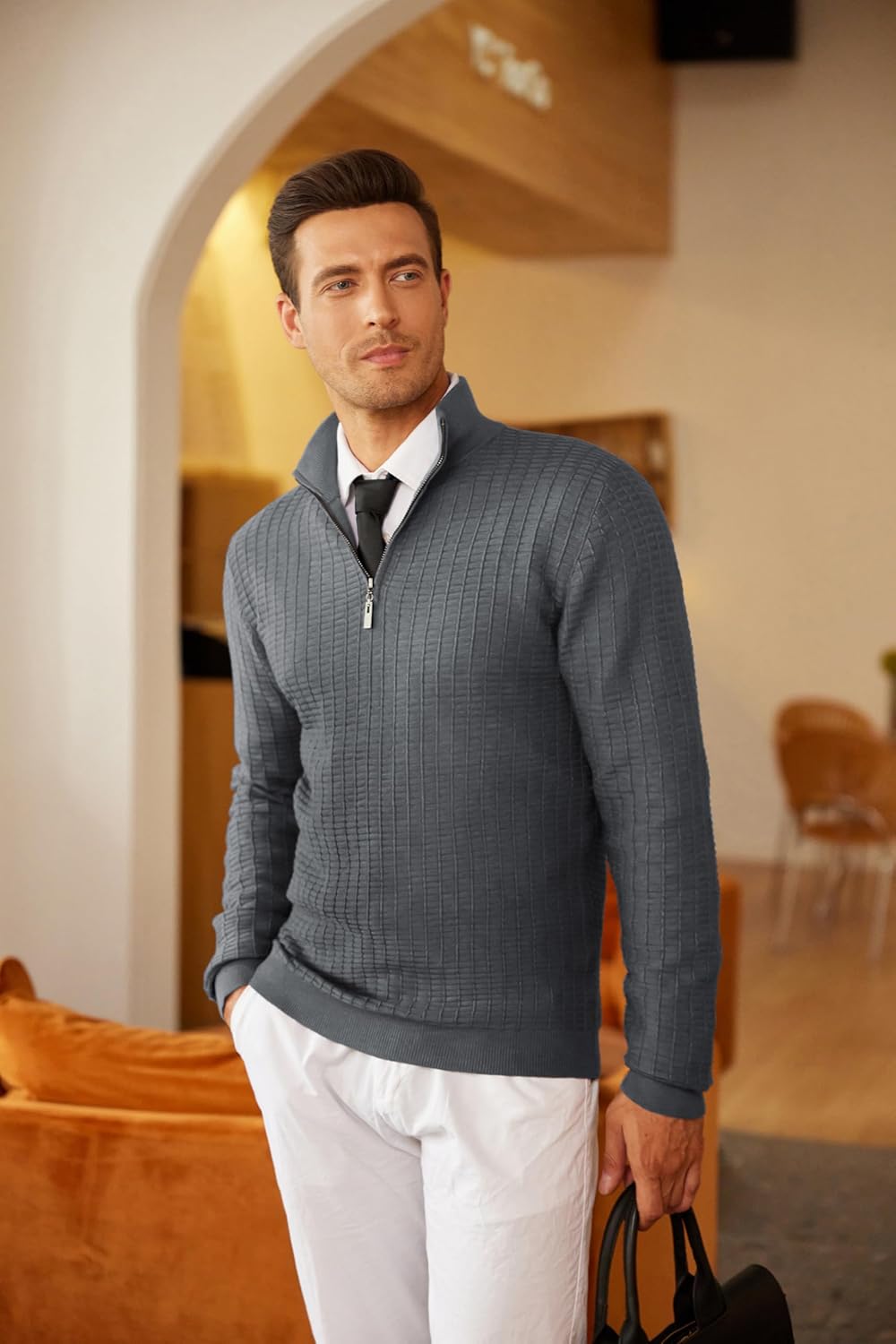 COOFANDY Men's Quarter Zip Sweaters Slim Fit Lightweight Cotton Knitted Casual Mock Neck Pullover Sweaters - Image 2