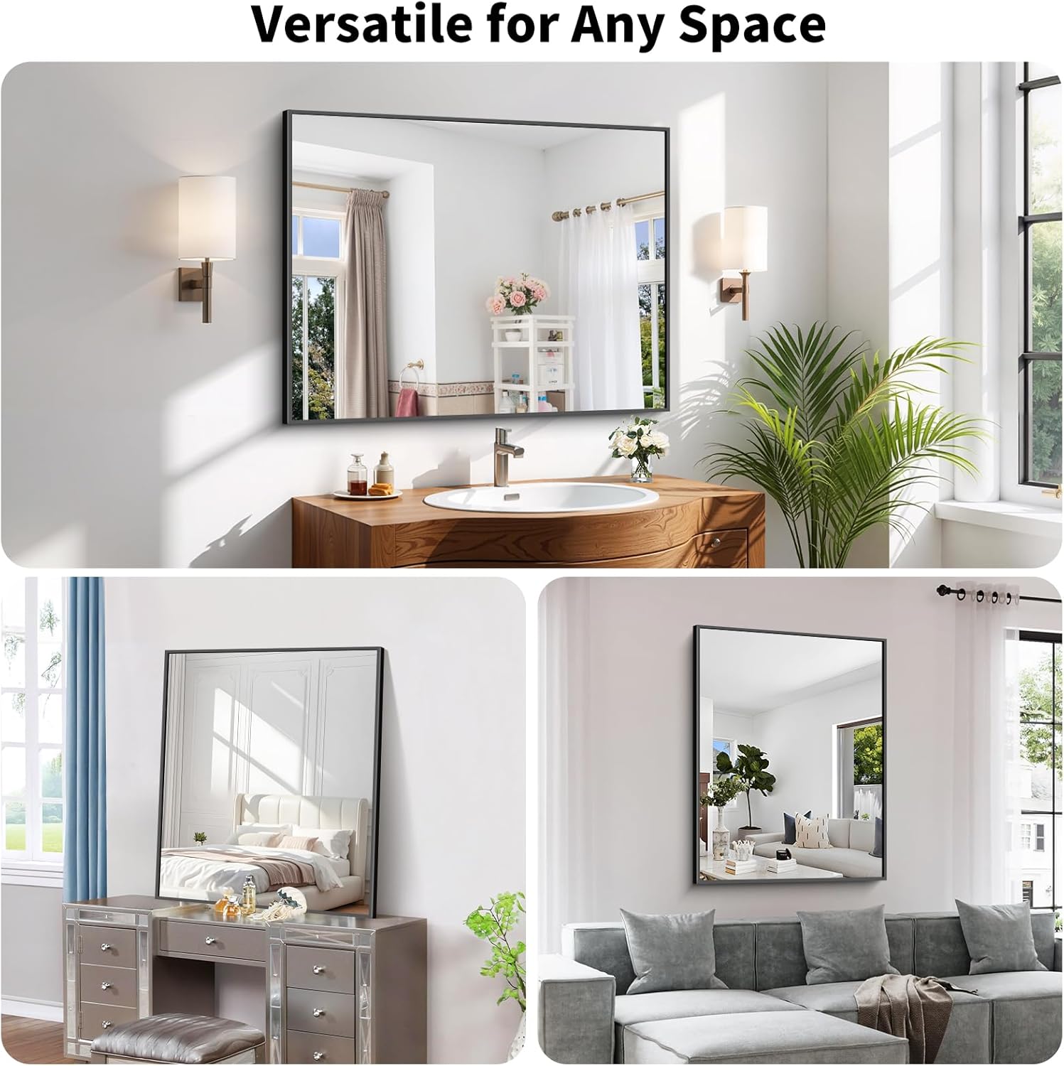 Koonmi Black Framed Bathroom Mirror - Shatterproof 30"x40" Tempered Glass, HD No Distortion, Horizontal/Vertical Mount, Modern Matte Aluminum Alloy Frame