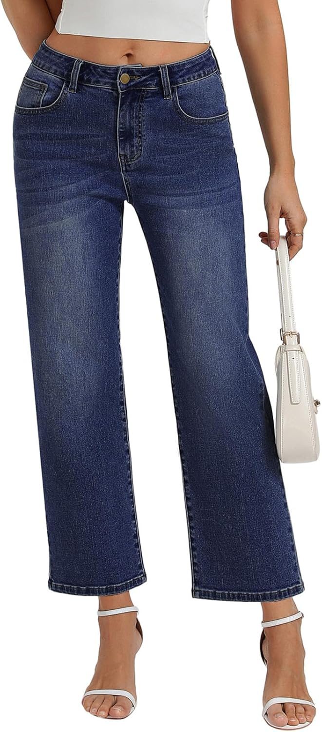 Belle Poque Women Straight Leg Jeans Stretchy Mid Rise Jeans with Pockets