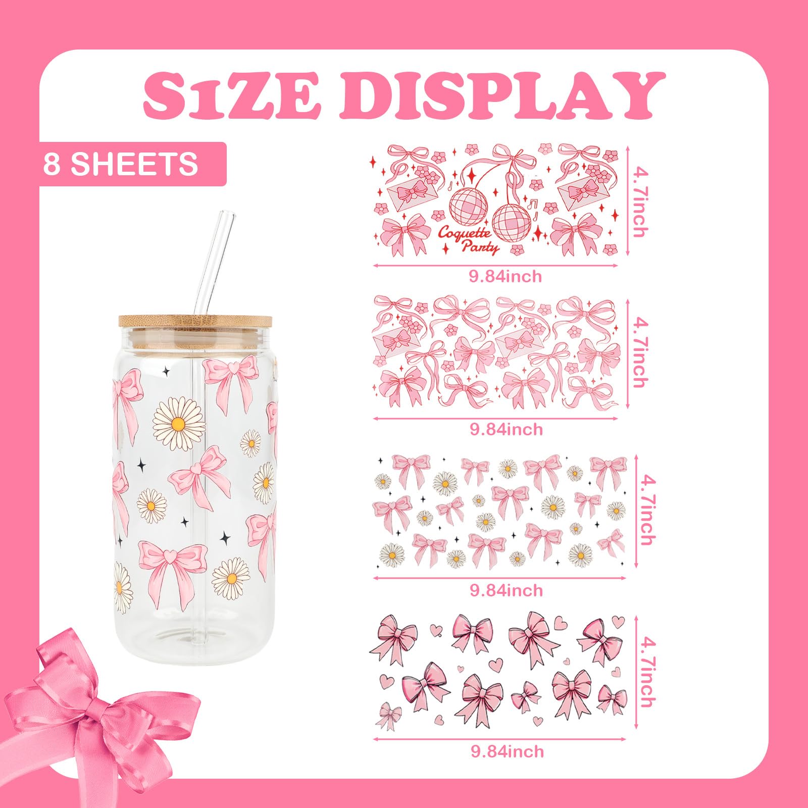 8 Sheets UV DTF Cup Wrap, Pink Bow Transfer Cup Stickers for 16 oz Glass Water Bottle, Glass Cup DTF Transfer Stickers for Girls DIY Craft Decorations