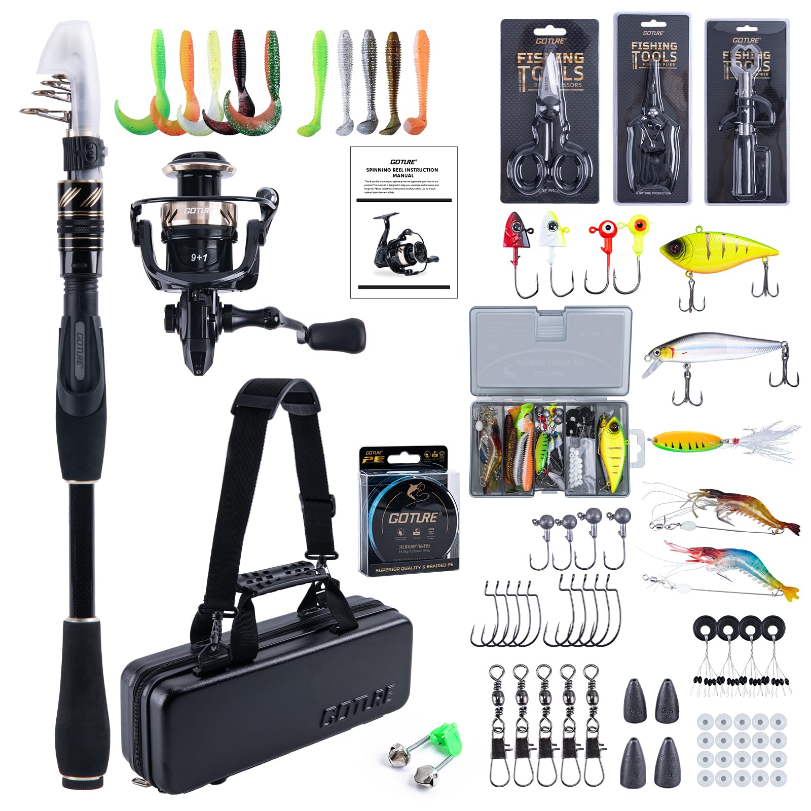 Goture Fishing Rod and Reel Combos with Hard Shell Bag, Telescopic Pole Spinning Reel Lures Set, Telescopic Fishing Rod Fishing Kit for Travel Saltwater Freshwater B4 2.4M