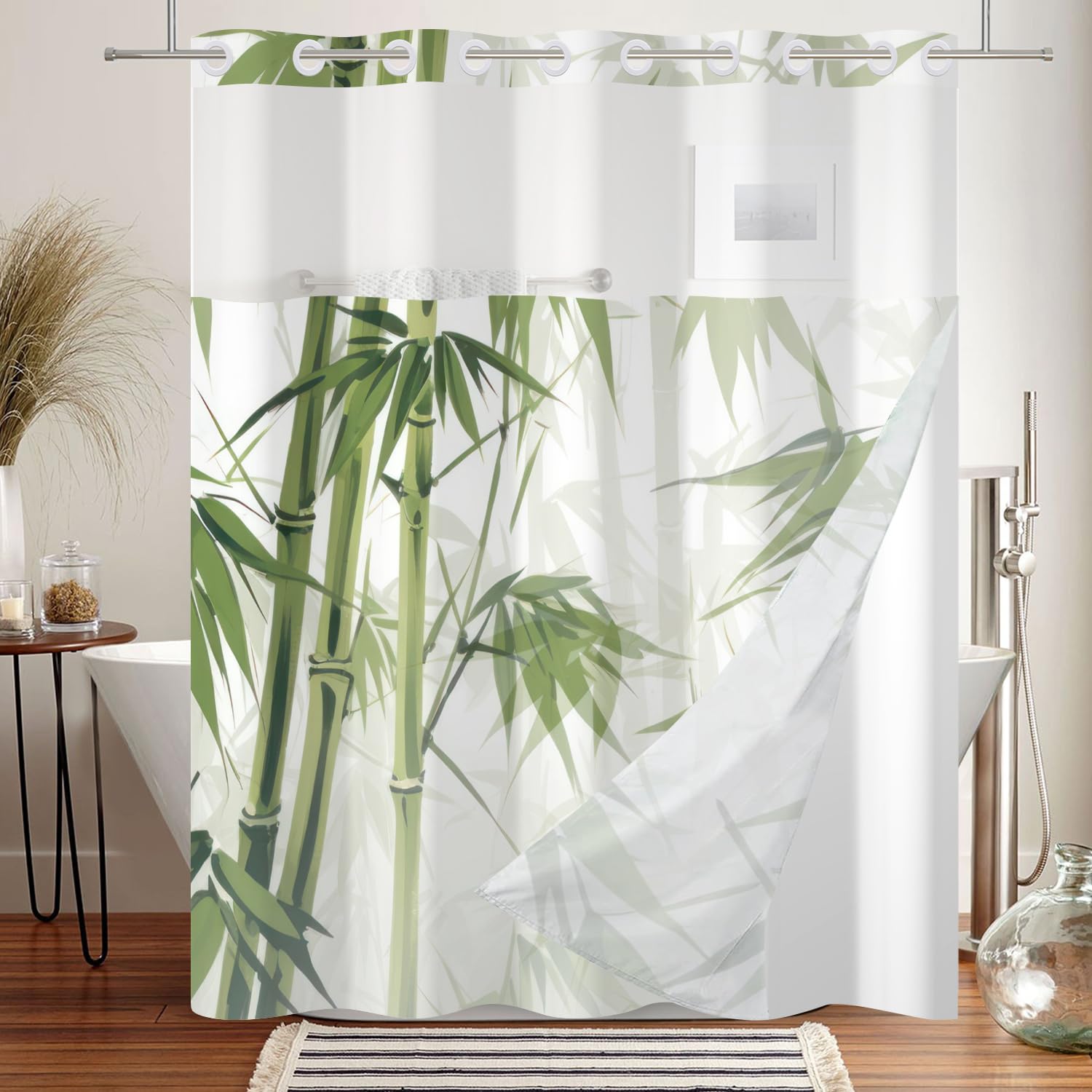 Lexfvpoo No Hook Shower Curtain and Liner Set Green Bamboo Shower Curtains for Bathroom Watercolor Leaves Plant Aesthetic Bath Curtains Decorative