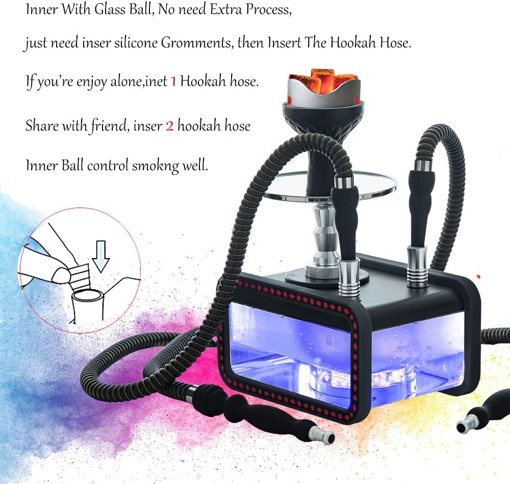 Hookah Set 2 Hose, Large Opening Micro Modern Cuboid Acrylic Portable Travel Hookahs,Hookah with Portable Bag, Magical Remote LED Light, Silicone Hookah Bowl, Coal Tongs for Better Shisha Smoking