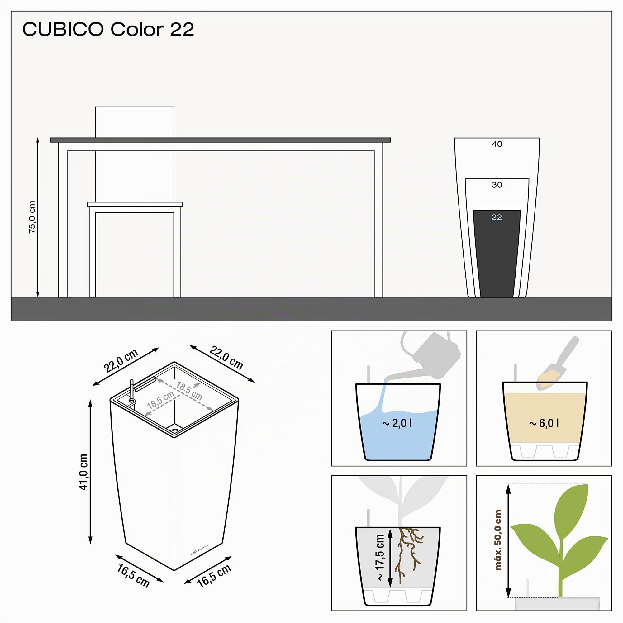 Lechuza 13164 - Maceta Cubico Color 22 Kit completo, color gris pizarra (22 x 22 x 41)