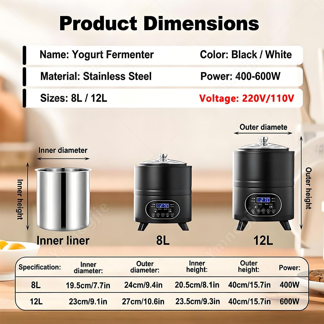 Máquina Fermentación Yogur Comercial,Máquina Yogur Eléctrica Portátil,con Recipiente Interior Acero Inoxidable,Fermentación Temperatura Constante 360° para Yogurs Grandes,Natto 12L-White