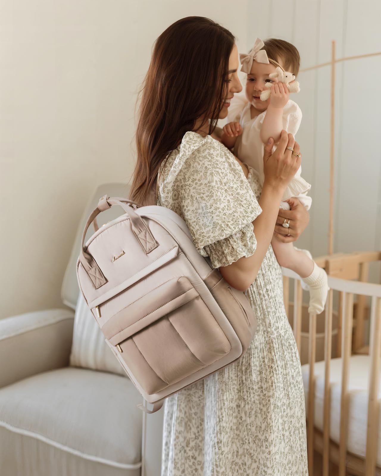 LOVEVOOK Mochila para pañales para bebé, bolso cambiador grande, Beige Caqui, medium, Casual