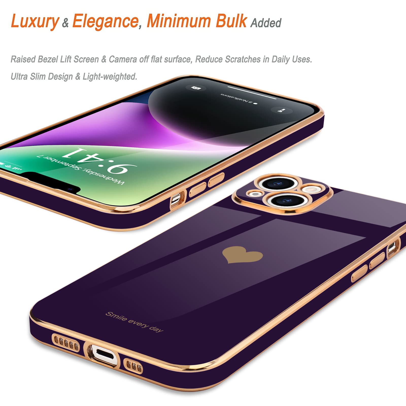 Teageo for iPhone 14 Case Cute Heart Pattern for Women Girls Slim Luxury Bling Plating Soft TPU Anti-Scratch Shockproof Bumper Phone Case for iPhone 14 - Image 4