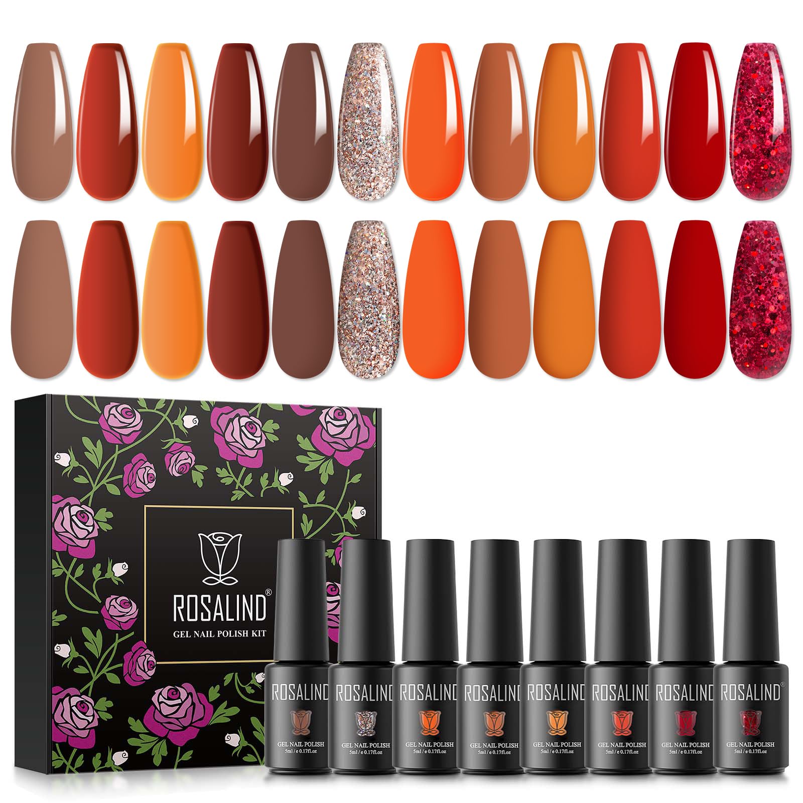 ROSALIND Esmaltes Semipermanentes para Uñas, Rojo Desnudo Marrón Gris Calabaza Naranja Dorado 5ml Pintauñas Semipermanentes, UV Gel de Uñas Semipermanente, Set Manicura, Gel Nail Polish 12Pcs