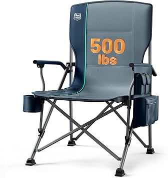 Timber Ridge 500lbs Oversized Folding Camping Chair, Heavy Duty Lawn Chair for Adults, Portable Collapsible High Back Chair with Cup Holder, Side Pocket Cooler Bag, for Outdoor, Sports, Blue