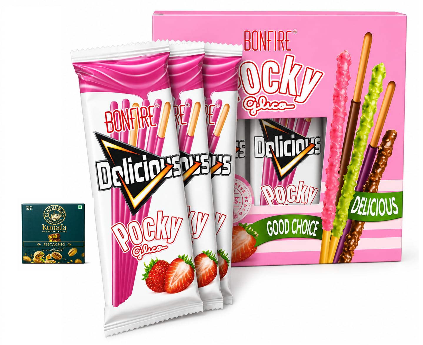 Pocky Strawberry Sticks Glico Delicious,Strawberry Flavour Biscuit Sticks, Gift Box, 360g (12g*30pcs) with Free Flavourito Kunafa Pistachio Chocolate Bar, 20g By Decadent Foods-image-12
