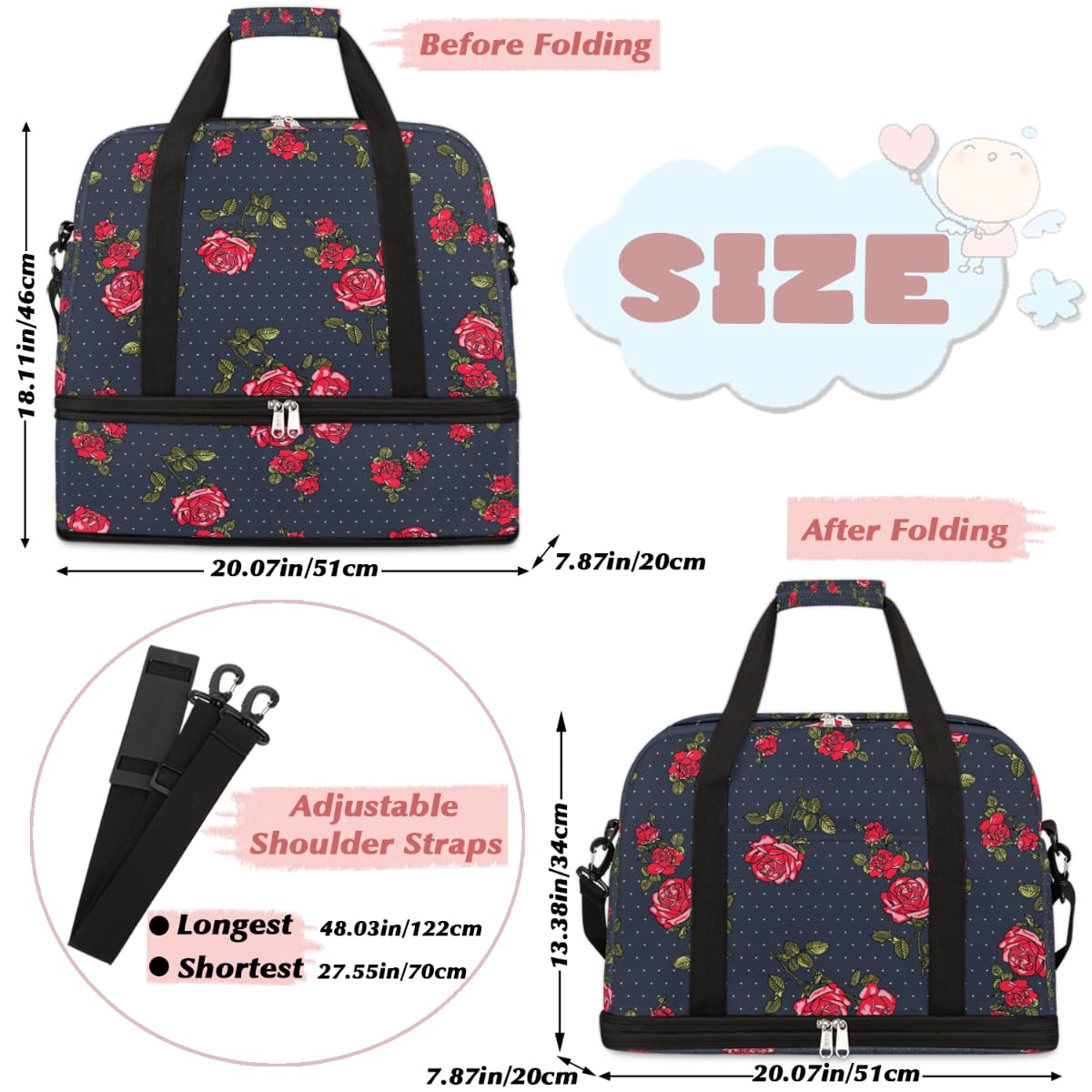 Bolsa de viaje plegable con diseño de lunares de rosas de 47 litros, bolsa de fin de semana con funda de carrito, bolsa de hombro separada para deportes, gimnasio, viajes, multicolor, 47L, Bolsa de