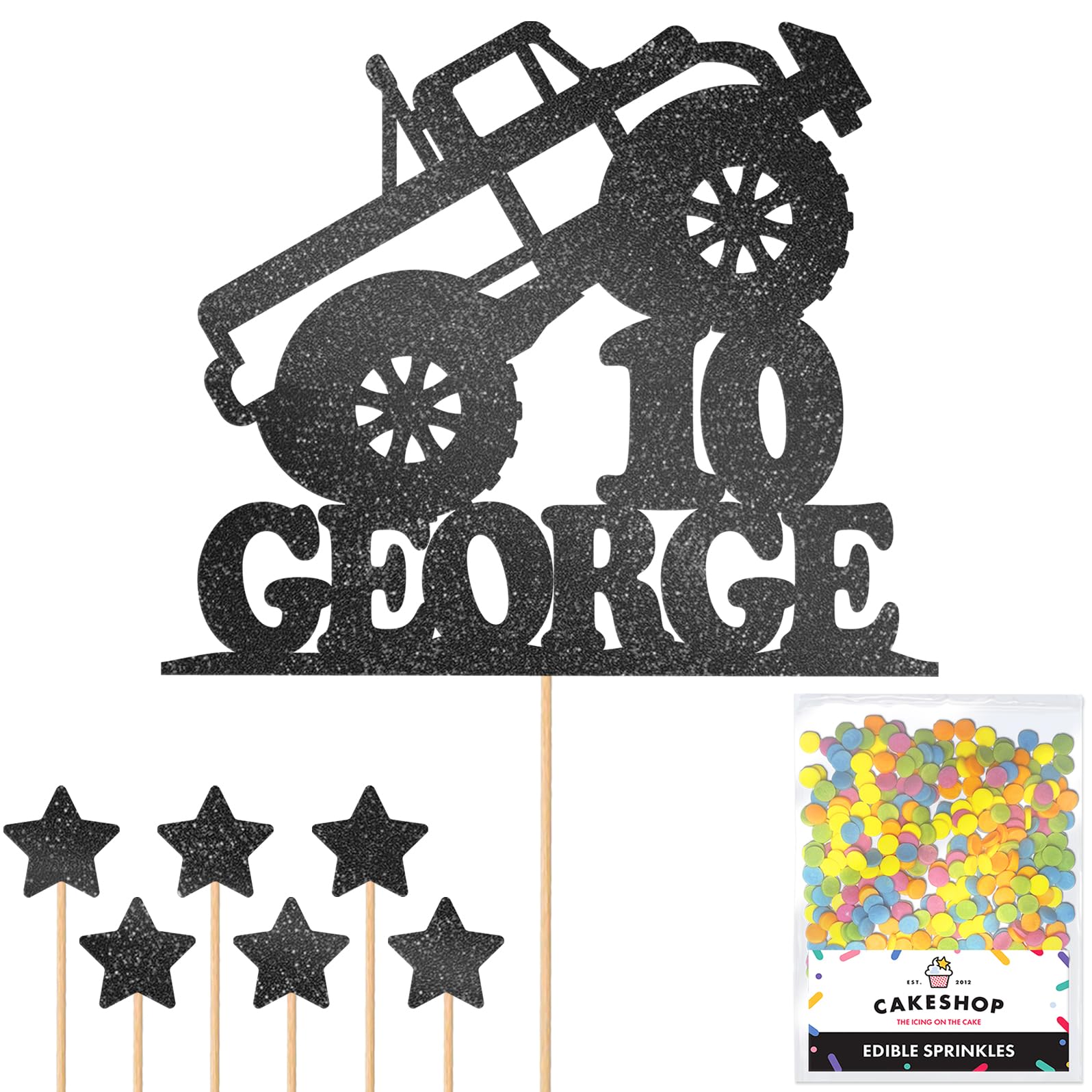 Personalised Monster Truck Glitter Cake Topper- Black Any Custom Age & Name Glitter Cake Decoration and Sprinkles - Happy Birthday Decorations - Personalised Toppers for Cakes by Cakeshop