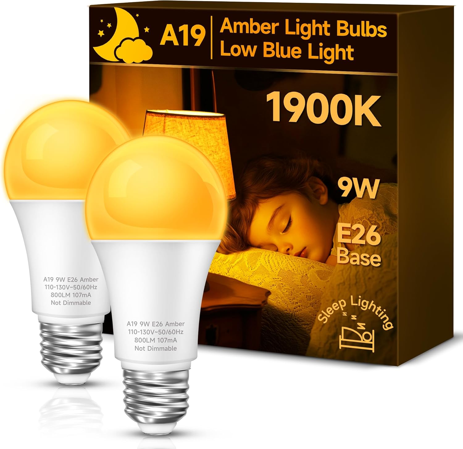 UNILAMP Amber Sleep Light Bulbs, Blue Lights Blocking, 1900K Warm Light Bulb, A19 9W (60W Equivalent) Dim Light Bulbs for Lamp, Bedroom, Nursery, Sleep Therapy, 2 Pack