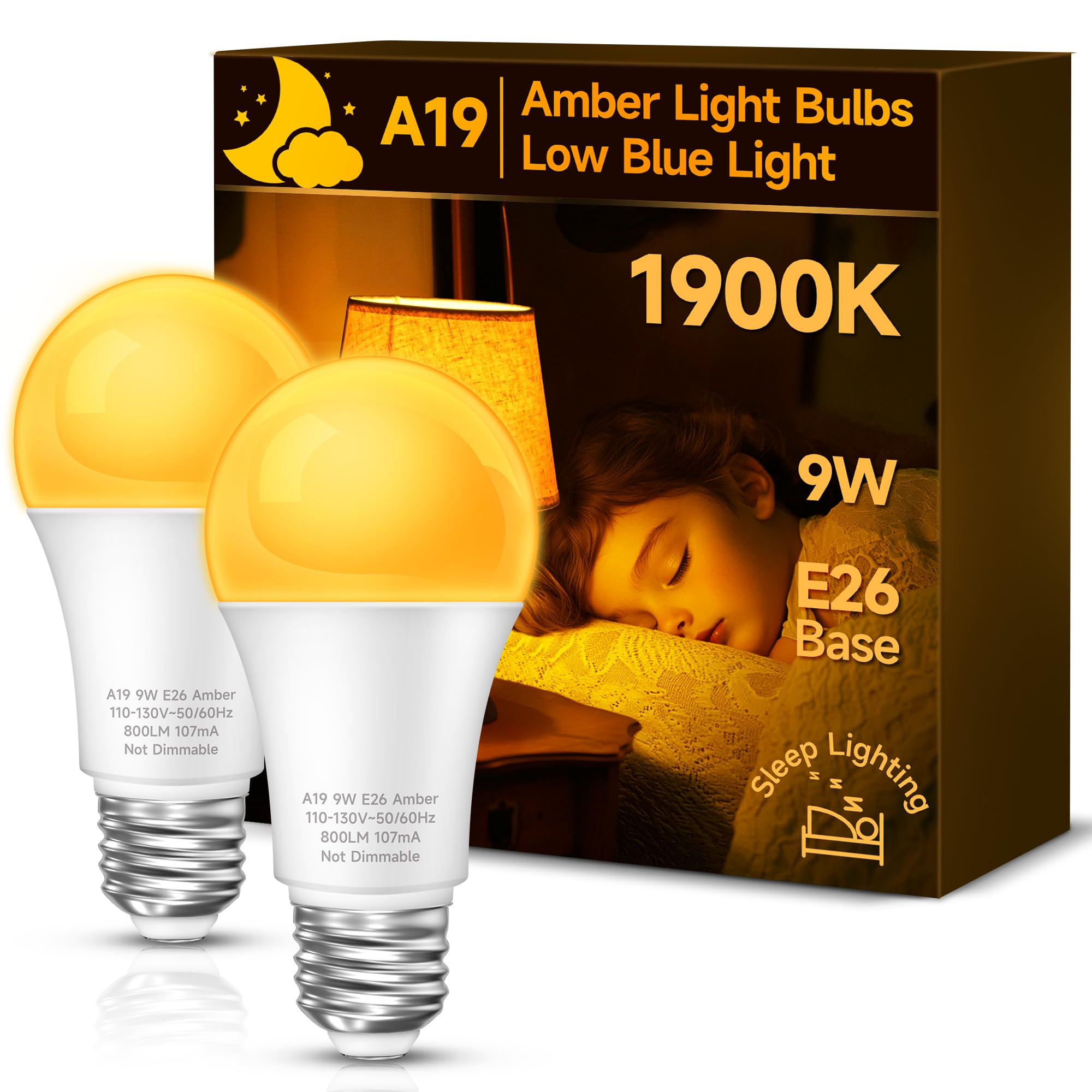 Sleep Light Bulb: 9W Amber Light Bulbs, Blue Light Blocking, 1900K 60W Equivalent Dim Light Bulbs for Lamp, Mood Soothing Light, A19 Soft Warm Light Bulbs for Bedroom, Kid Room, 2 Pack