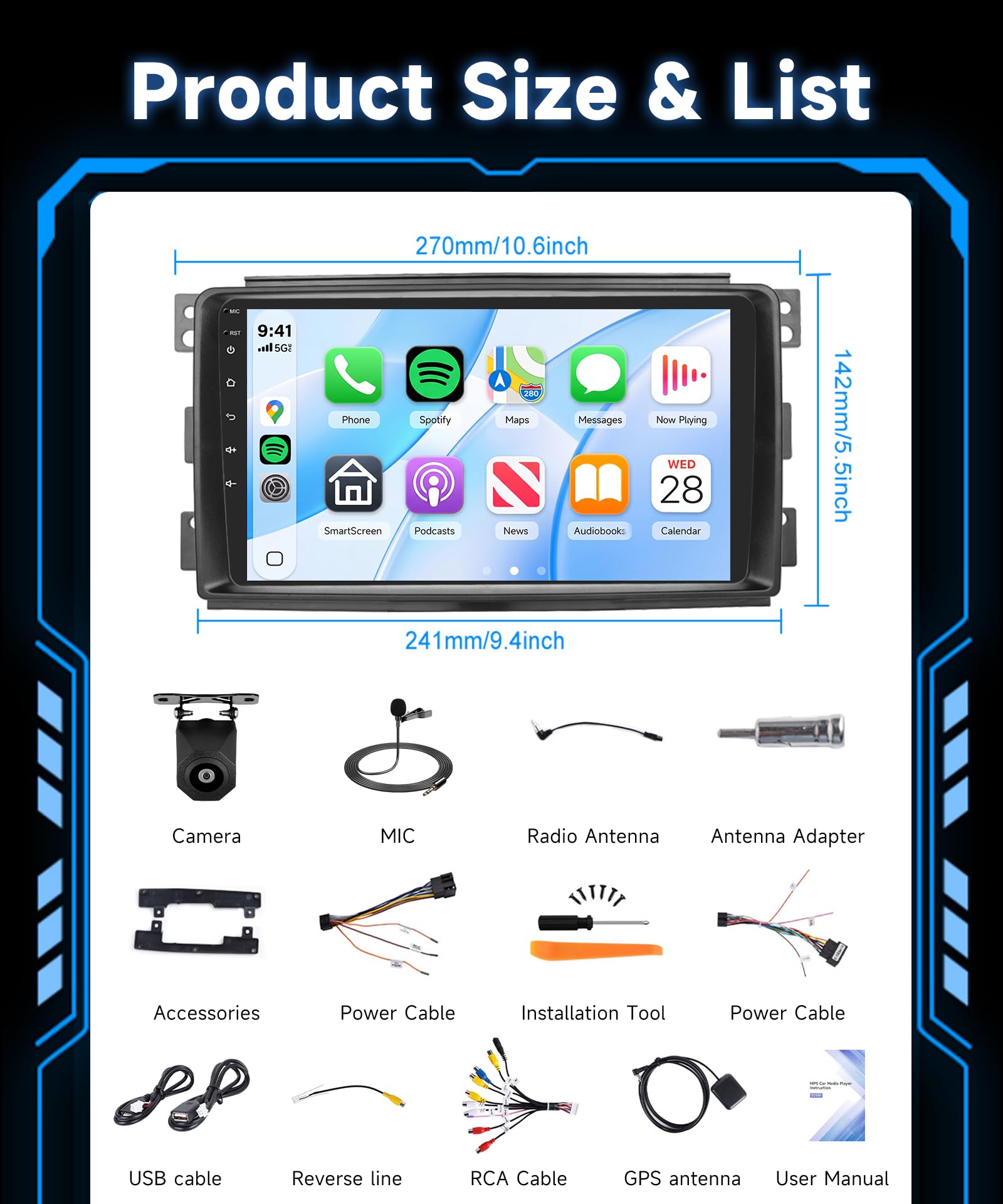 Rimoody Autoradio per Mercedes Benz Smart Fortwo 451 2005-2010 Wireless Carplay Android Auto You-Tube Vi-Link Bluetooth FM/RDS DSP EQ, 9 Pollici Touchscreen Radio Mirror Link SWC Telecamera Posteriore