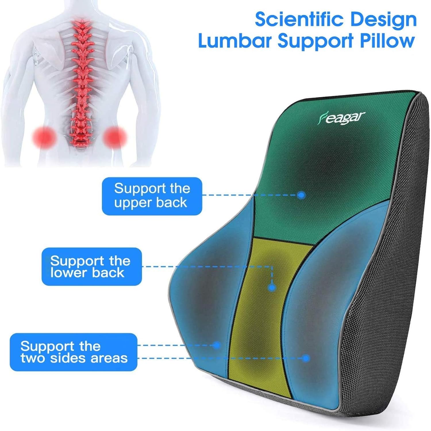 Feagar Lumbar Support Pillow, Memory Foam Back Support for Office Chair/Car Seat, with 2 Adjustable Straps and Breathable Mesh Cover, Orthopedic Back Cushion for Back Pain Relief