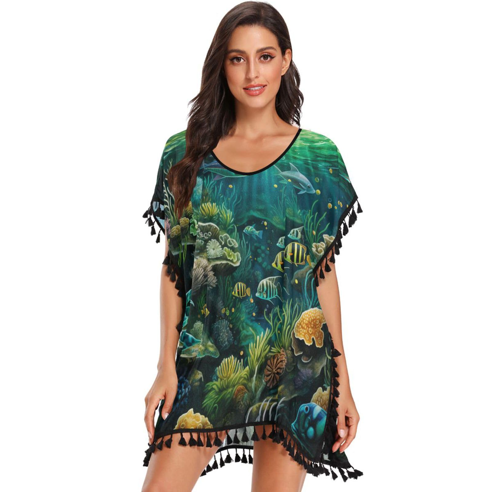 Watercolor Art Ocean Animals Women's Beach Cover Up Chiffon Tassel Swimwear Swimsuit Coverups for Girl