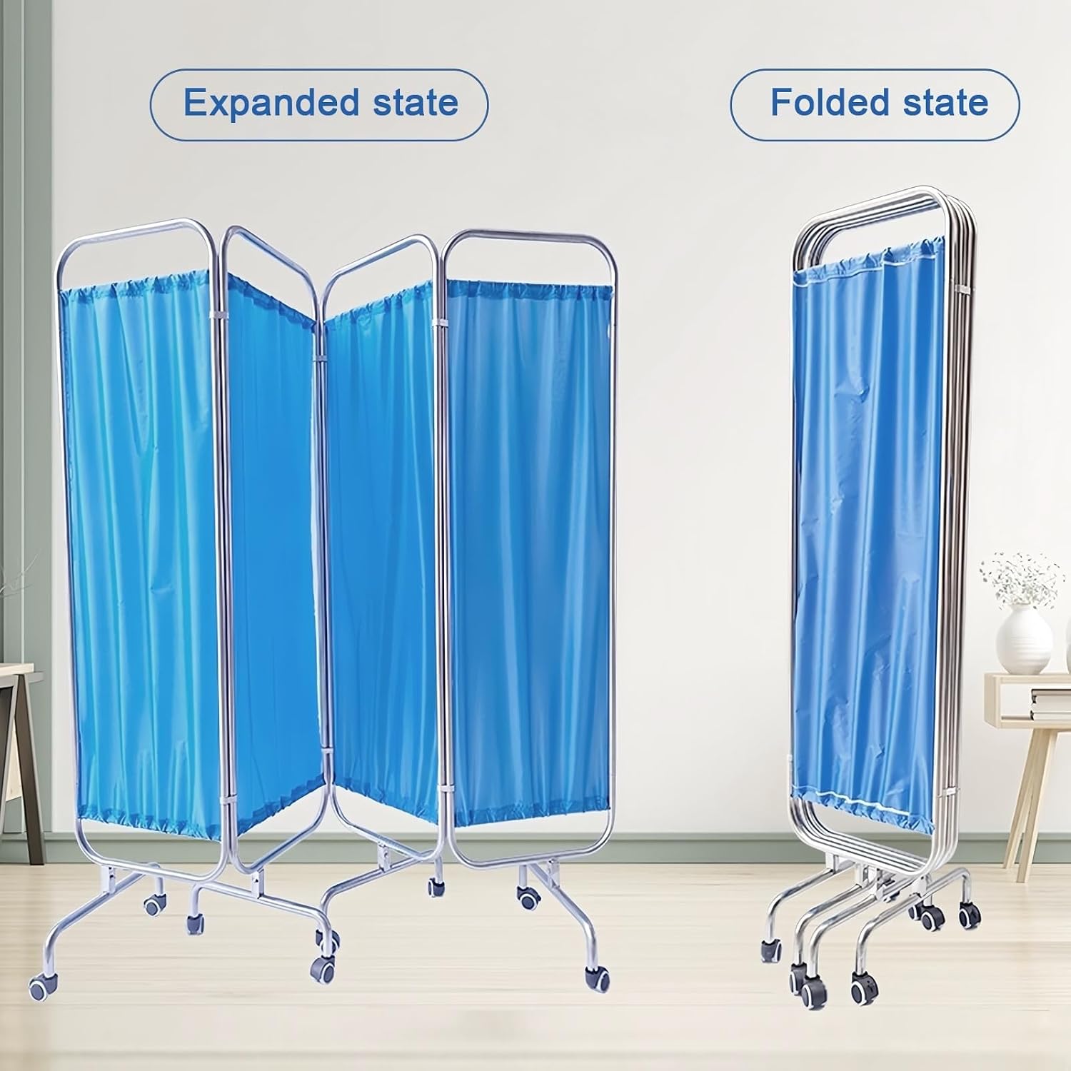 4 Panel Folding Medical Screens Room Dividers, Medical Privacy Screen On Wheels, Free-Standing Mobile Stainless Steel Medical Privacy Screen Divider Curtains with Nylon Silk Fabric