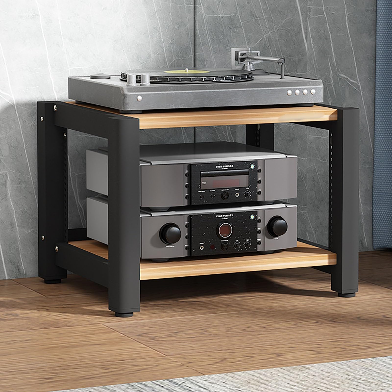 Supporto stereo in noce, rack audio e ripiano da gioco, centro multimediale per proiettore, lettore DVD, console di gioco, CD/DVD, 60 x 50 x 40 cm, mobile angolare.