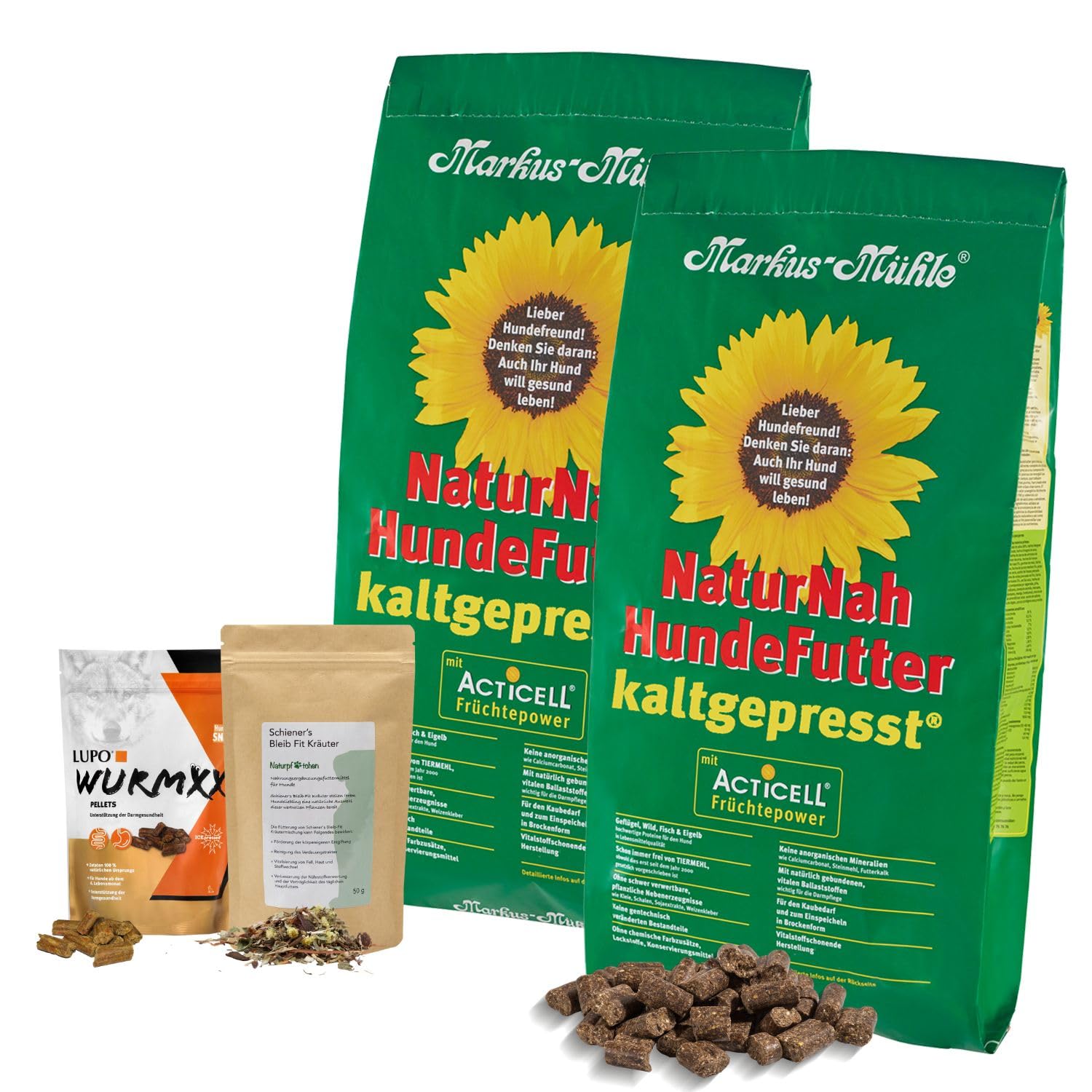 Markus Mühle Naturnah Hundefutter Huhn & Wild, 100% Kaltgepresst, Hohe Bioverfügbarkeit, Sehr Gute Verdaulichkeit (2x15kg Naturnah +180g LupoWurmxx +50g Naturpfötchen Bleib Fit Kräuter)