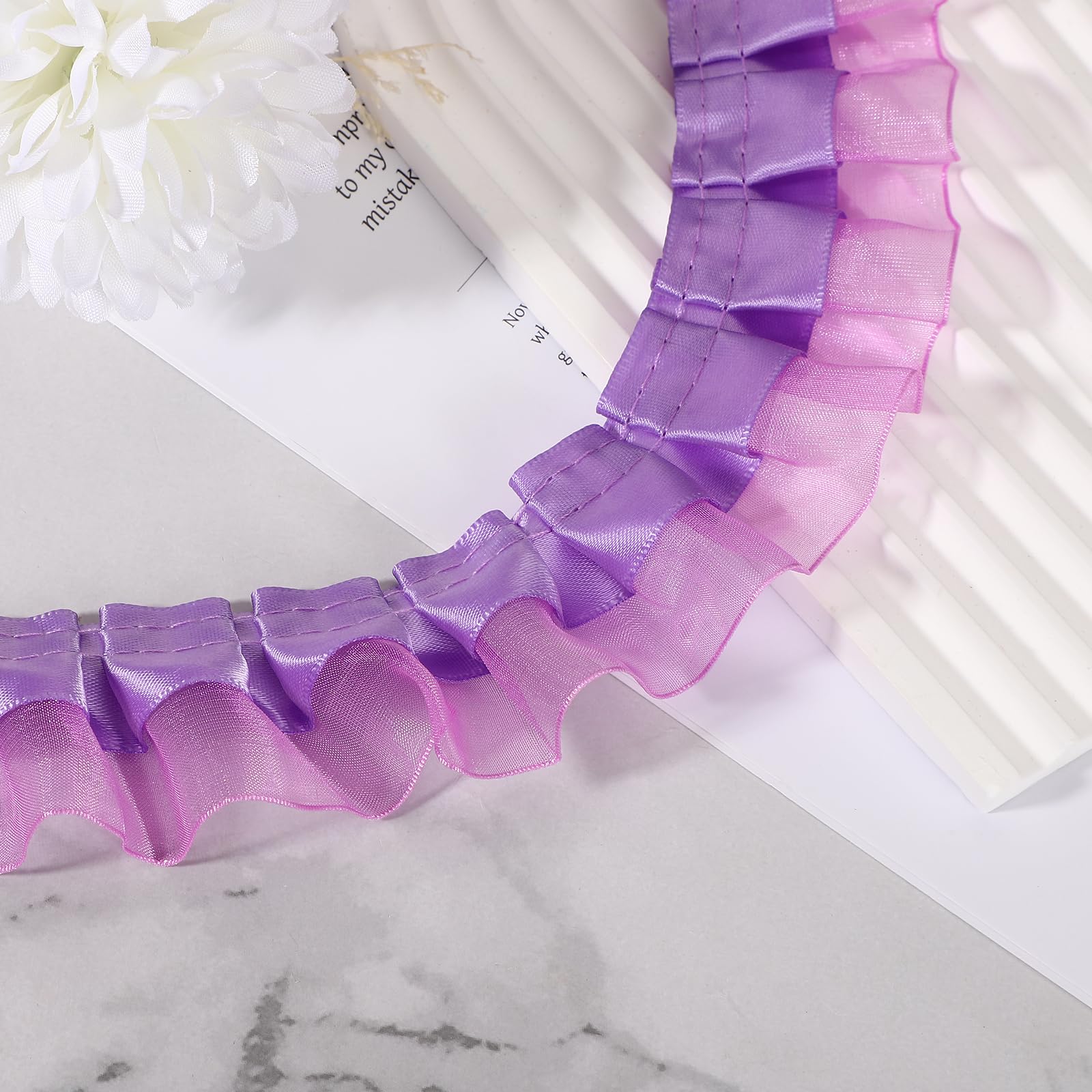 sourcing map 10 Yards 2-Layer Satin Ruffle Trim Lace Ribbon Sewing Lace Fabric Trim for DIY Craft Dress Clothing Wedding Gift Home Decoration, Solid Purple — image 1