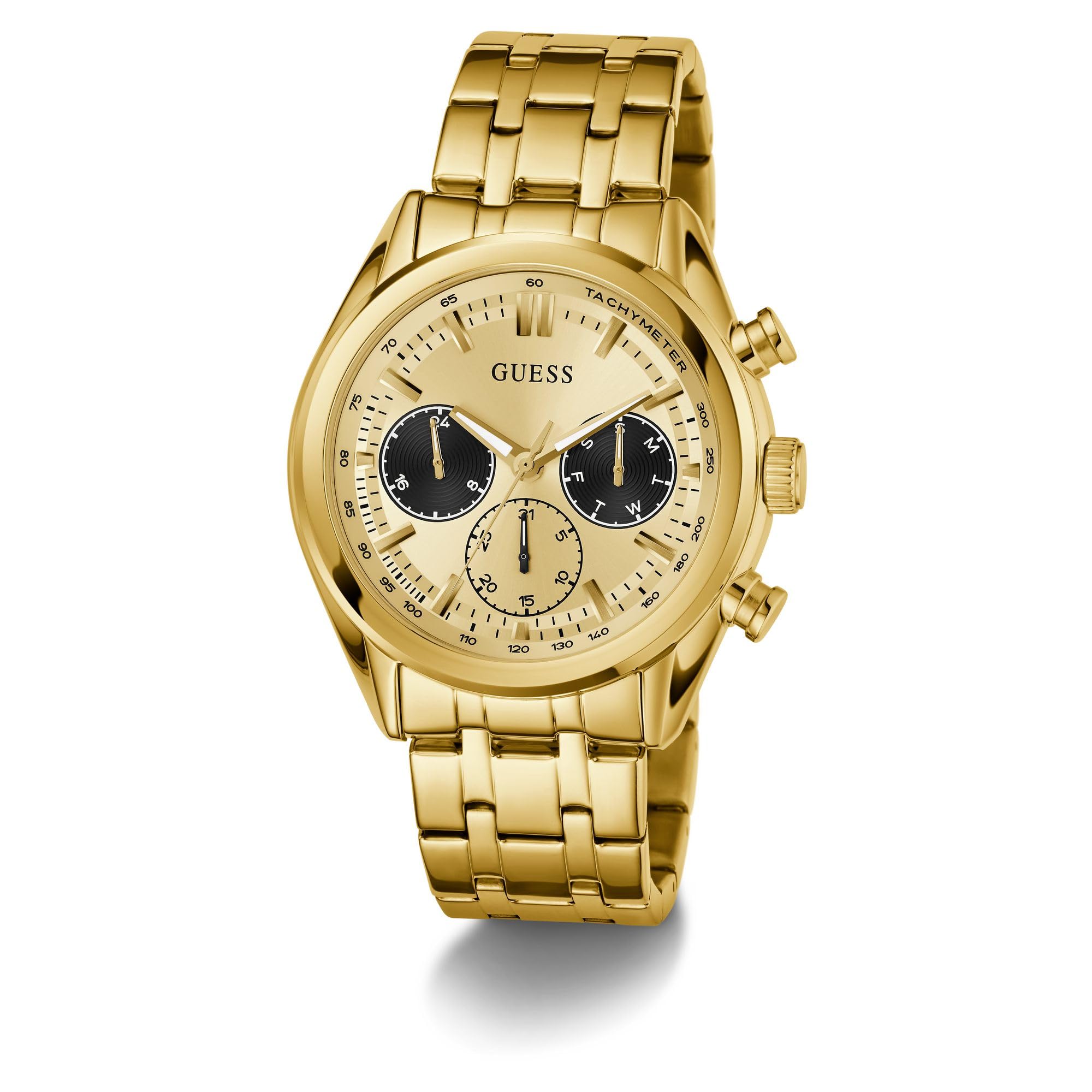 Guess Dawson GW0971G2 - Reloj de Pulsera para Hombre con Fecha, Correa de Acero Inoxidable, Cristal Mineral, Esfera Dorada, 5 Bar, diámetro de la Caja: 44 mm