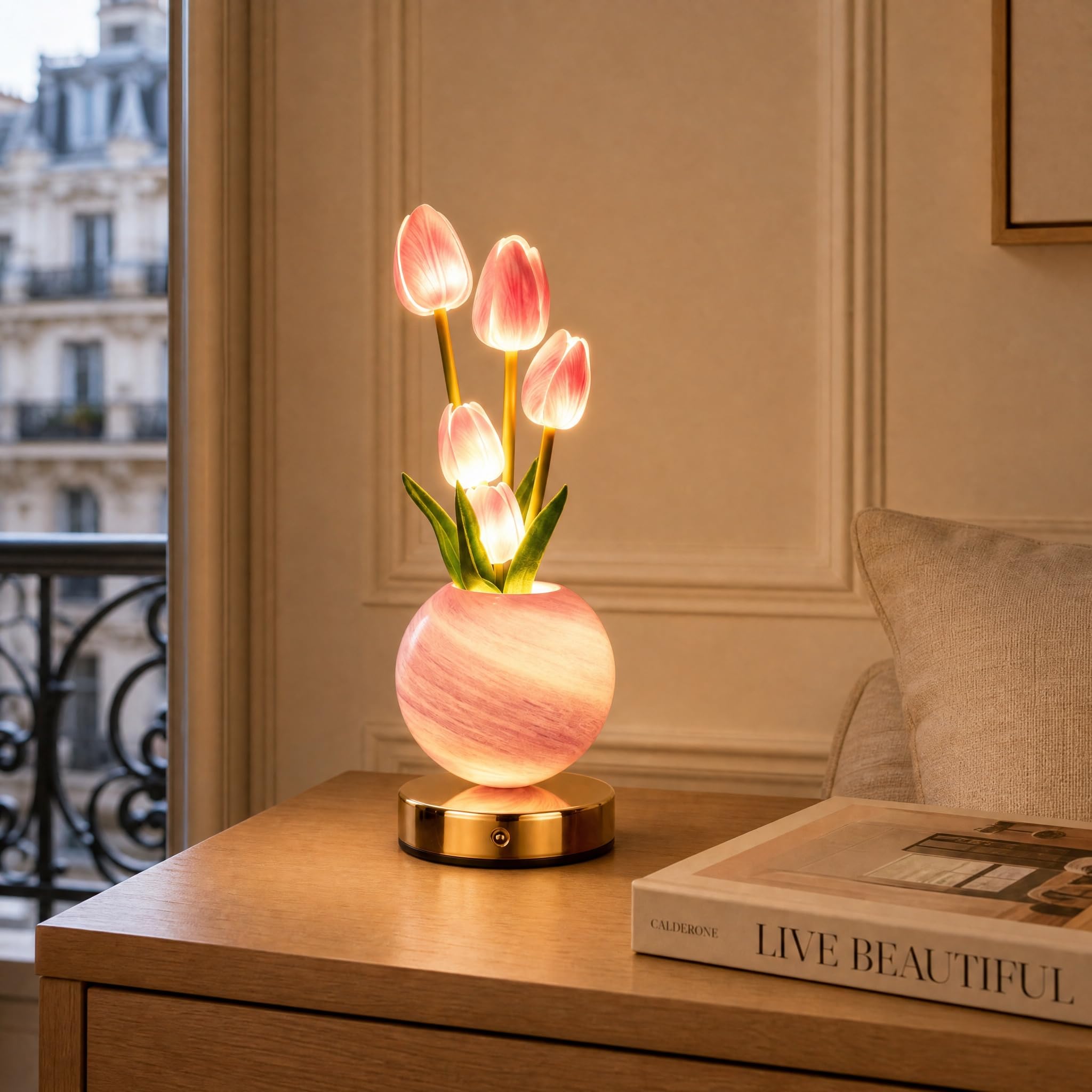Lampada da Comodino con Ricarica USB, Luce Notturna Tulipano Rosa con 3 Modalità di Colore e Intensità Regolabile, Lampada da Comodino Senza Fili Touch per Camera Regalo di Compleanno per