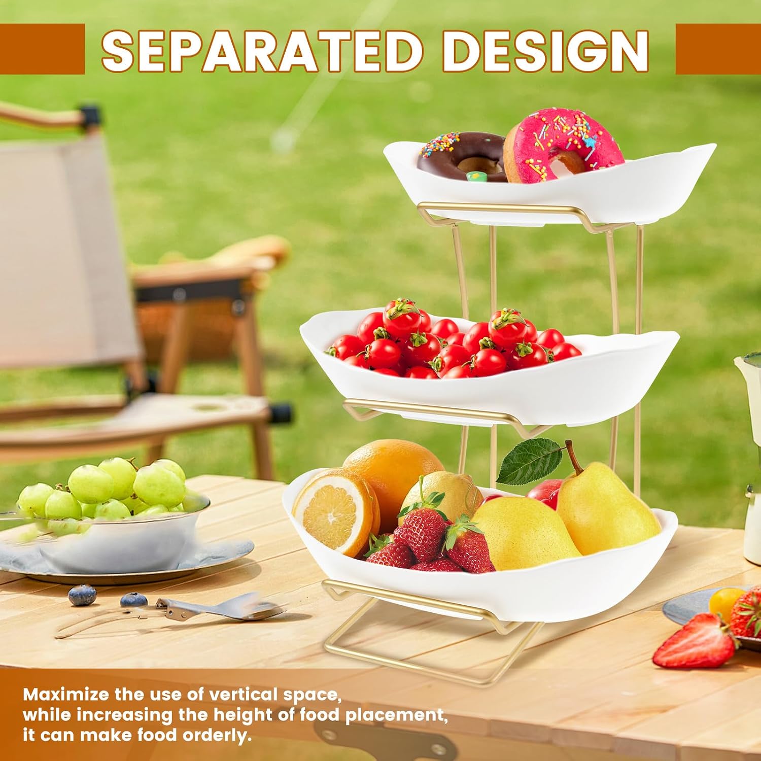 Fruit Bowl Basket for Kitchen Countertop, 3 Tier Fruit Holder with Gold Metal Stand, Large Capacity Fruit Holder, Tiered Fruit Basket for Fruit Vegetable Storage, Cake, Dessert, Nuts, Snack, Salad